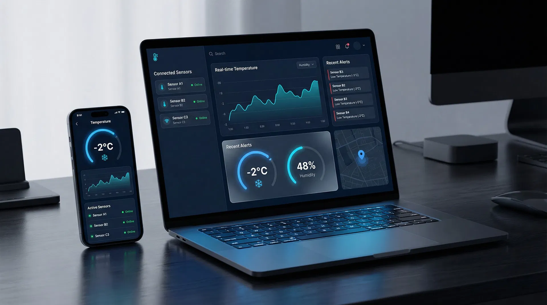 FrostX Dashboard — Temperature monitoring on laptop and mobile