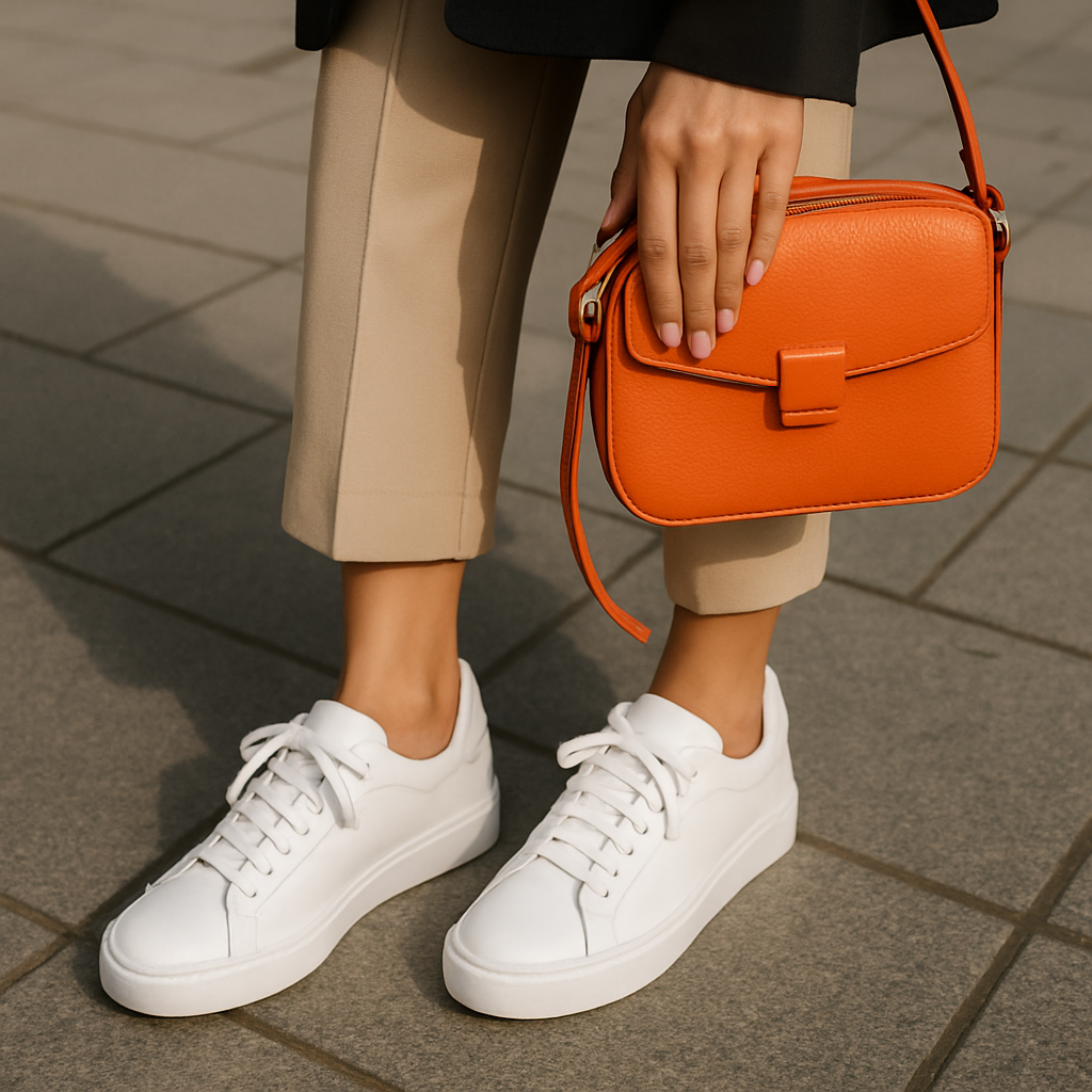 Combinação Casual/Urbana: Tênis Branco e Bolsa Tiracolo Laranja