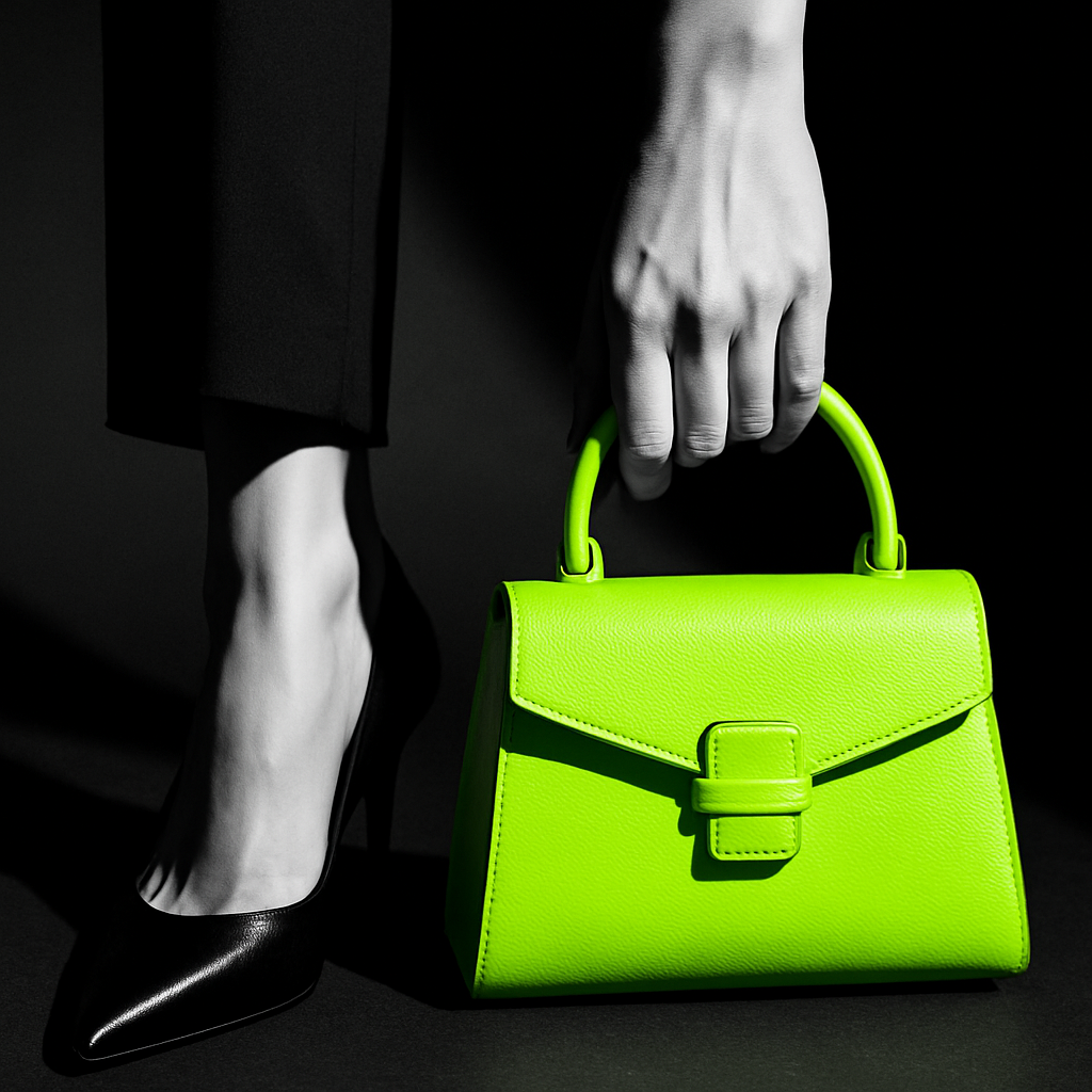 Contraste Intencional: Scarpin Preto e Bolsa Neon Verde