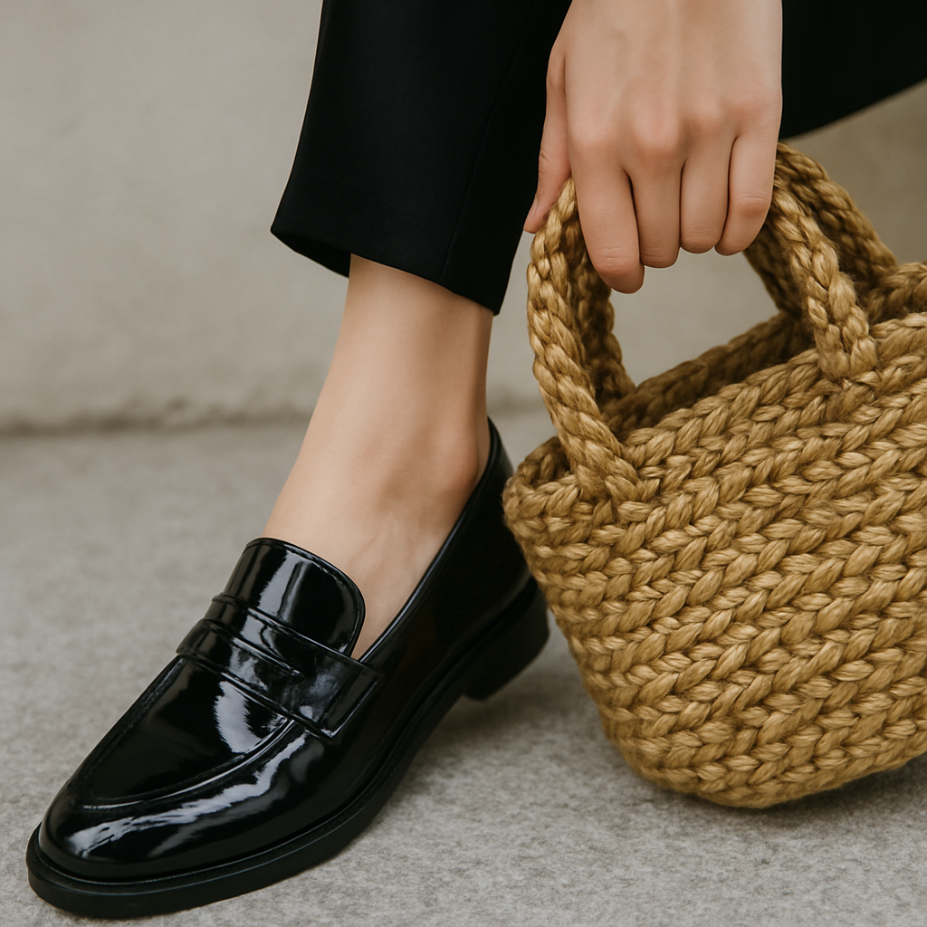 Contraste de Texturas: Mocassim Envernizado e Bolsa de Palha Rústica