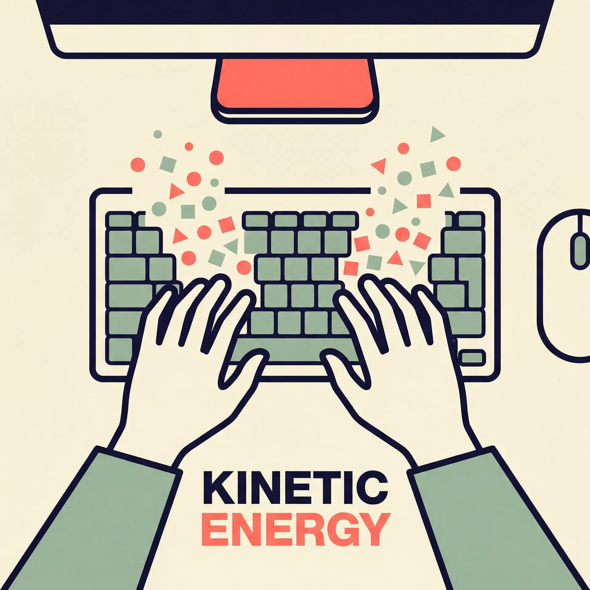 Illustration of hands typing with kinetic energy particles