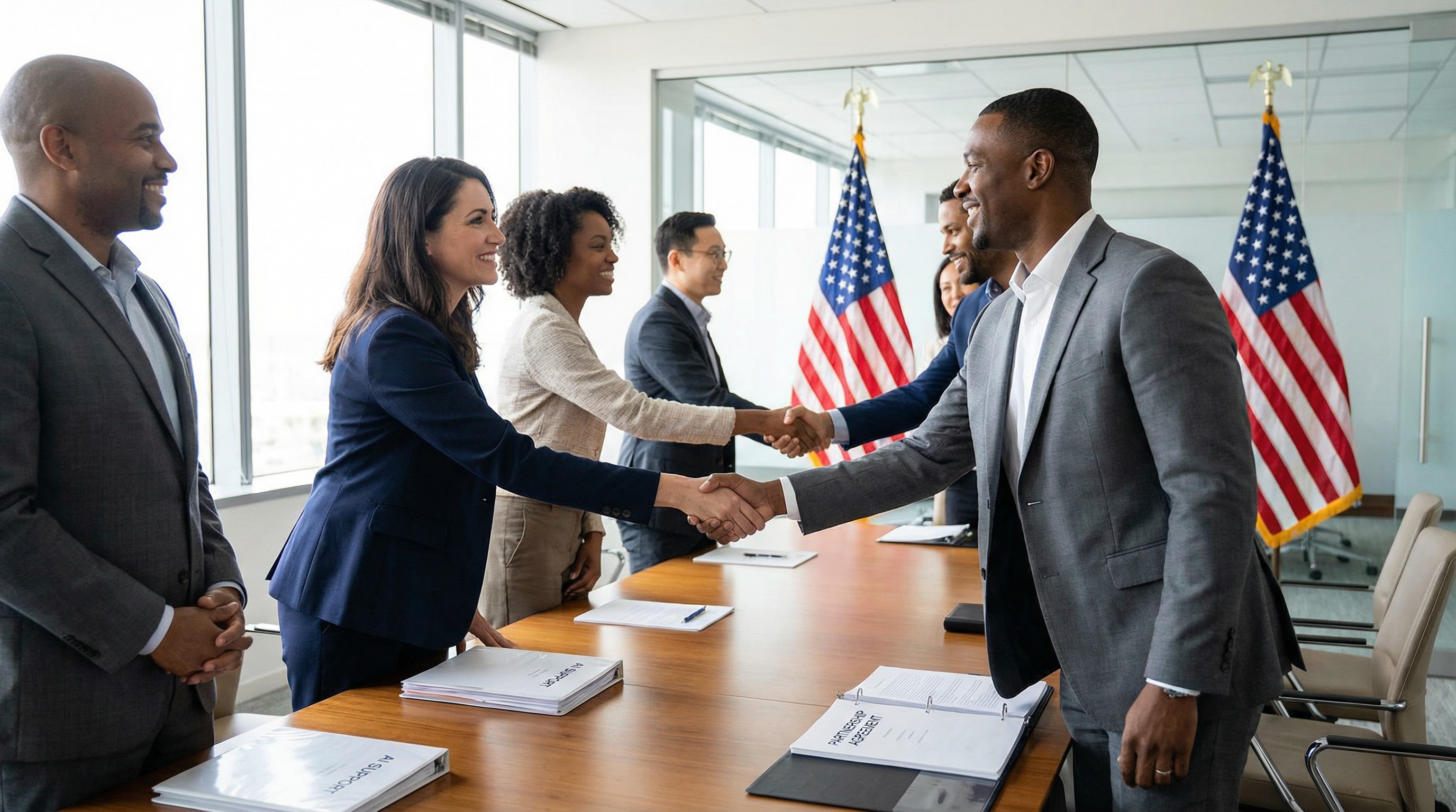 Government officials and small business owners shaking hands in a modern office. Government officials and small business owners shaking hands in a modern office.
