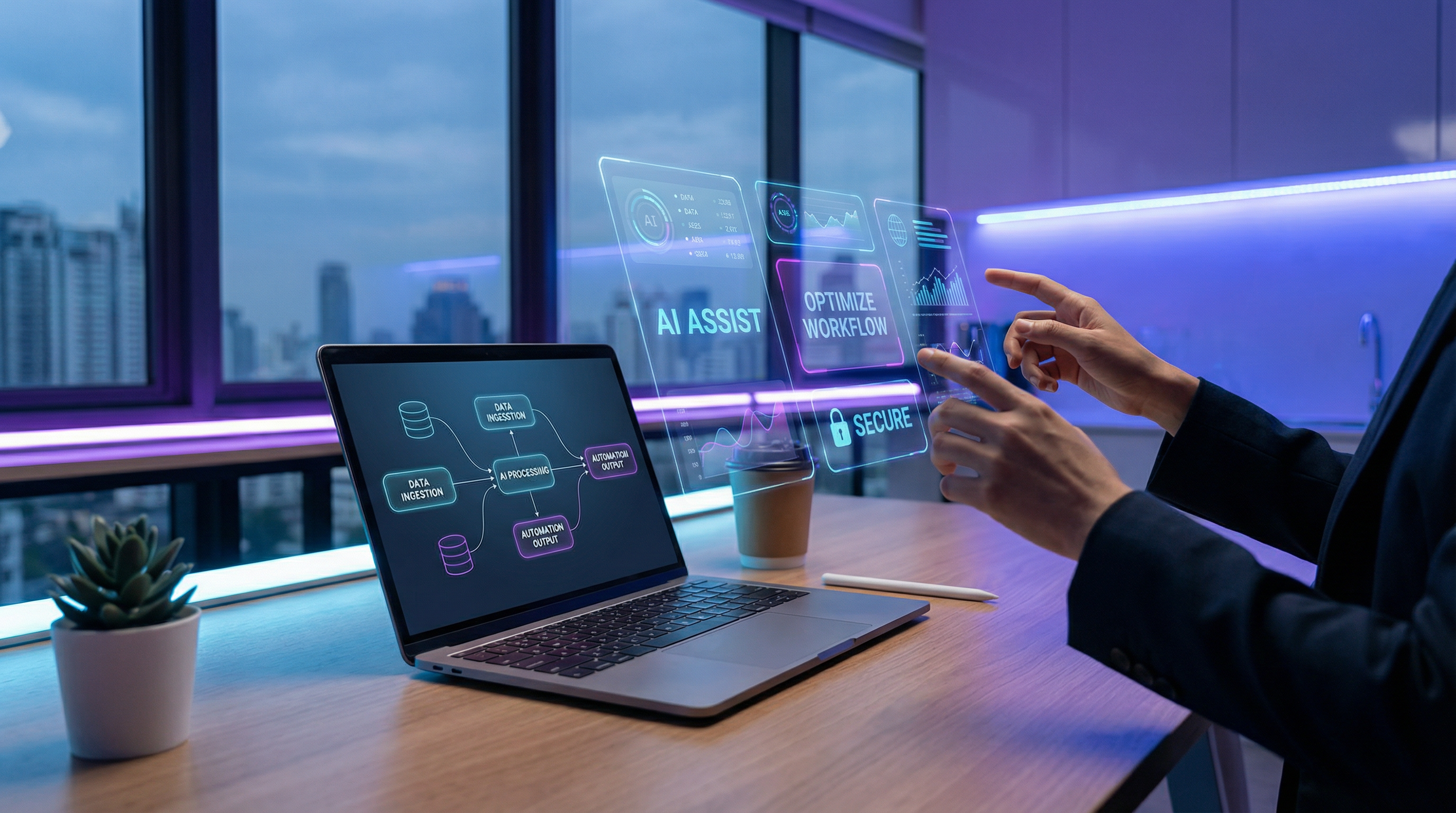 A professional workspace with a holographic-style AI interface showing workflow automation. A professional workspace with a holographic-style AI interface showing workflow automation.