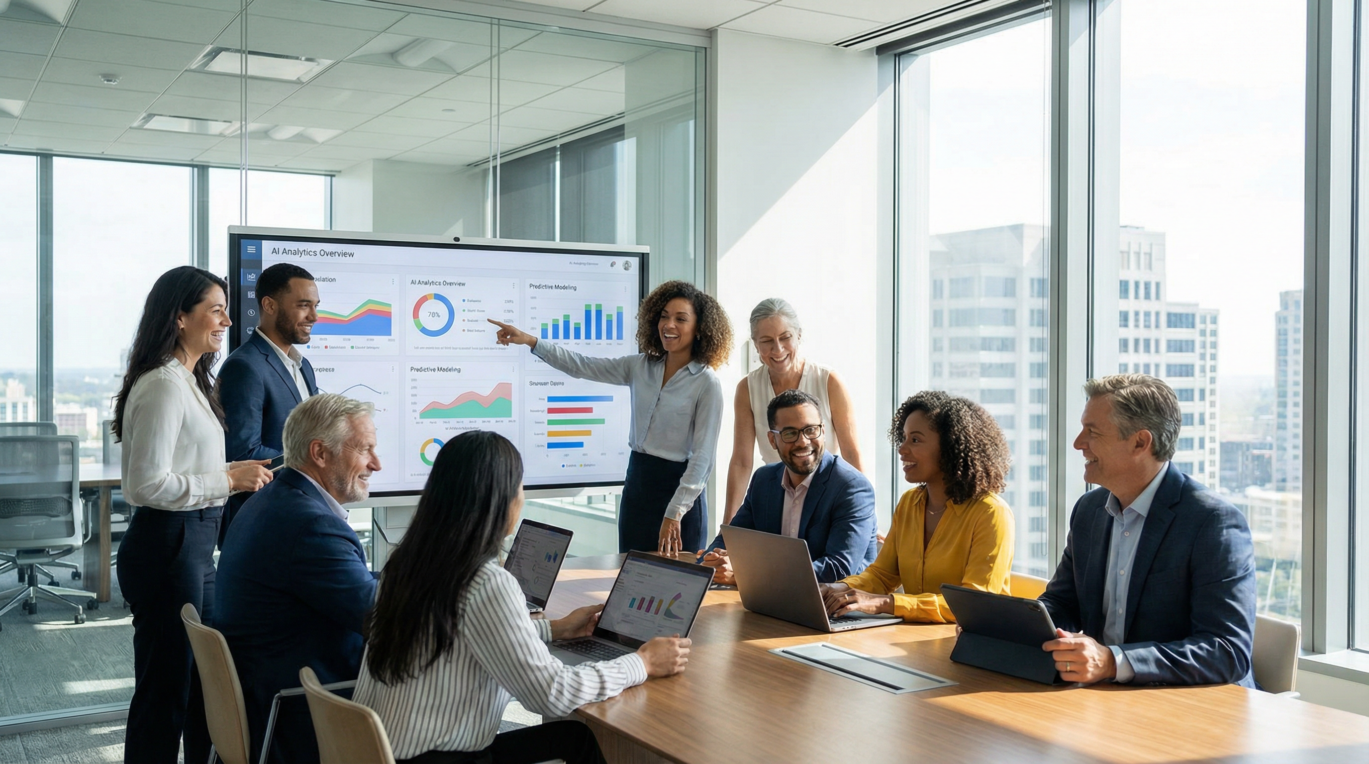 A diverse team of professionals collaborating around an interactive AI dashboard. A diverse team of professionals collaborating around an interactive AI dashboard.