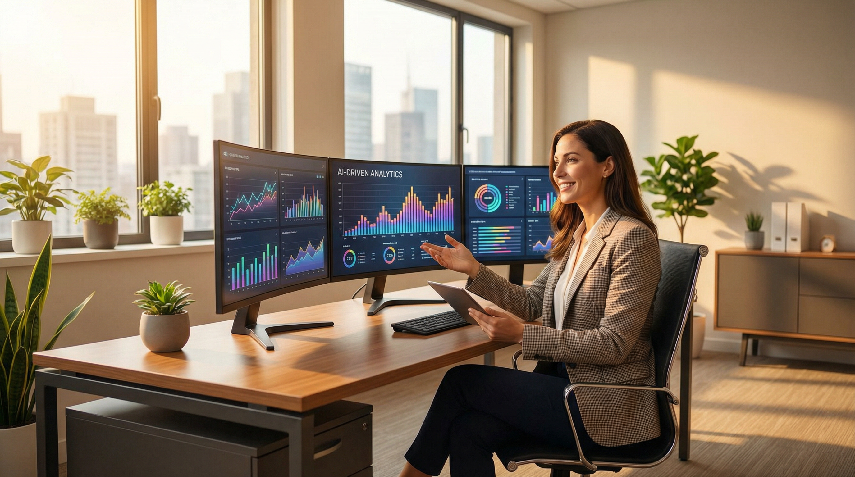 A small business owner at a modern desk with multiple monitors displaying AI dashboards. A small business owner at a modern desk with multiple monitors displaying AI dashboards.