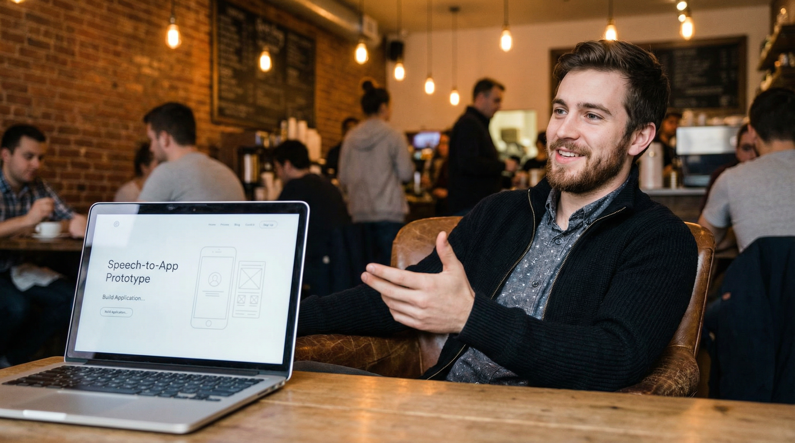 An entrepreneur at a coffee shop creating an app by speaking to their laptop. An entrepreneur at a coffee shop creating an app by speaking to their laptop.