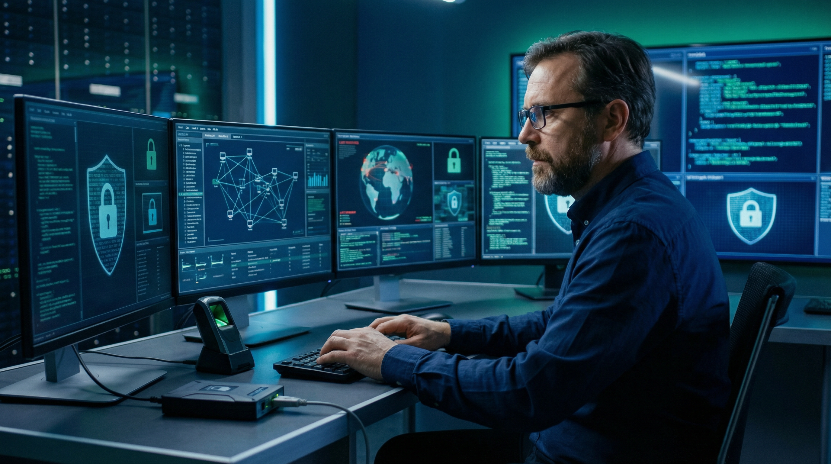 A cybersecurity specialist working at a modern workstation with security dashboards. A cybersecurity specialist working at a modern workstation with security dashboards.