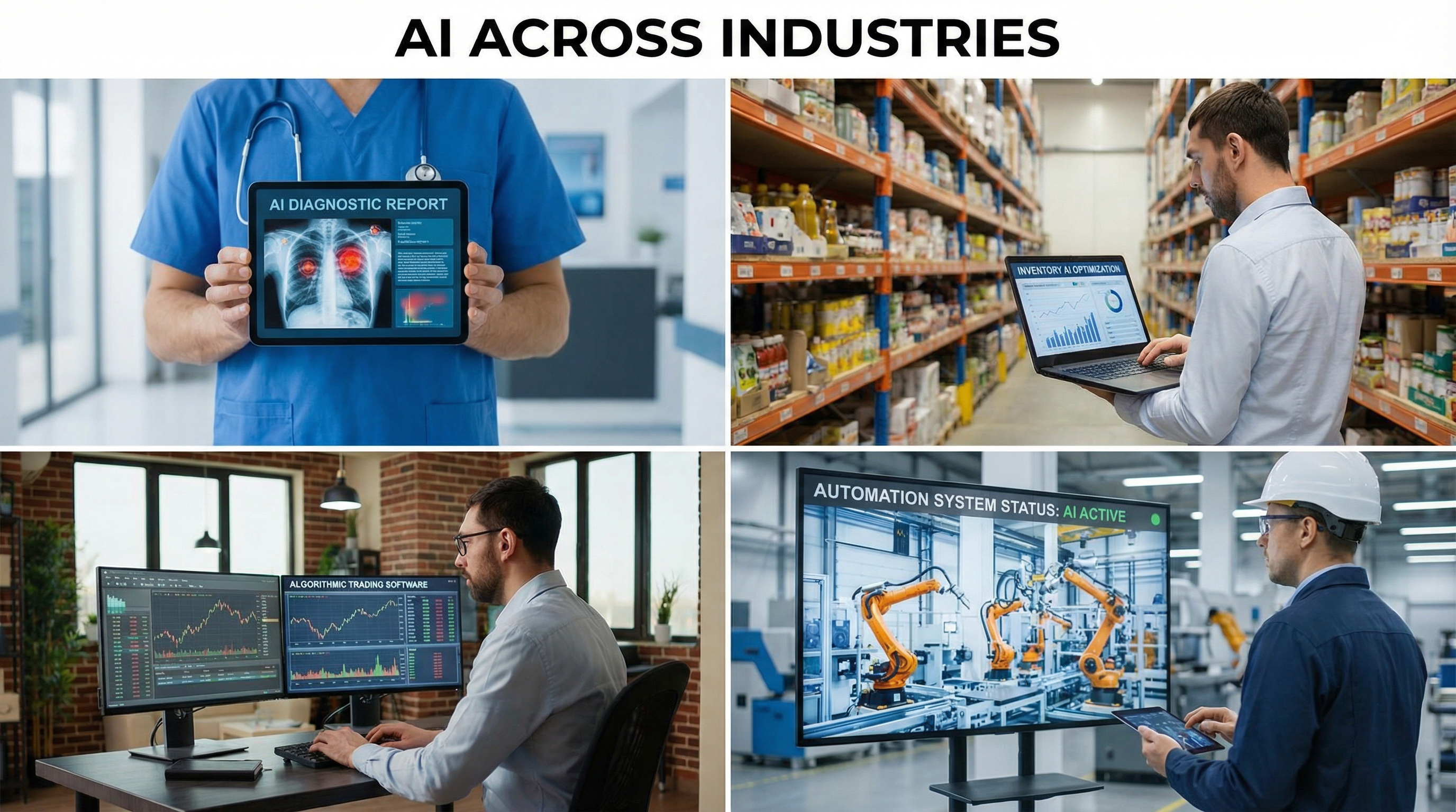 A collage showing AI applications in healthcare, retail, finance, and manufacturing. A collage showing AI applications in healthcare, retail, finance, and manufacturing.