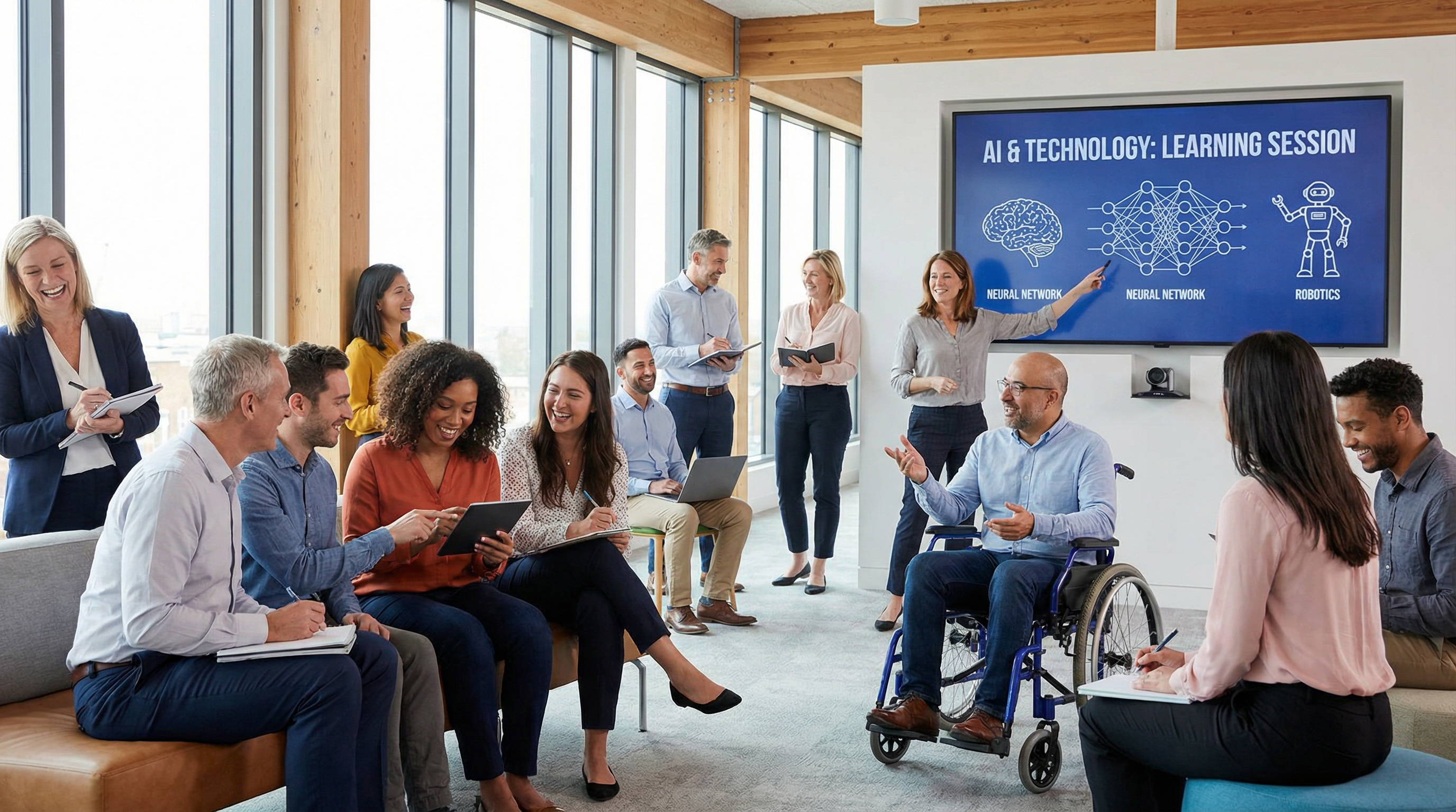 A diverse group of employees in an interactive AI and technology training session. A diverse group of employees in an interactive AI and technology training session.