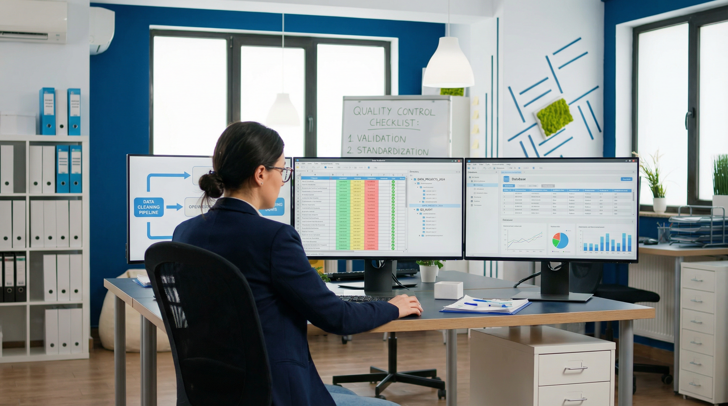 A data analyst working with organized digital files and clean spreadsheets. A data analyst working with organized digital files and clean spreadsheets.