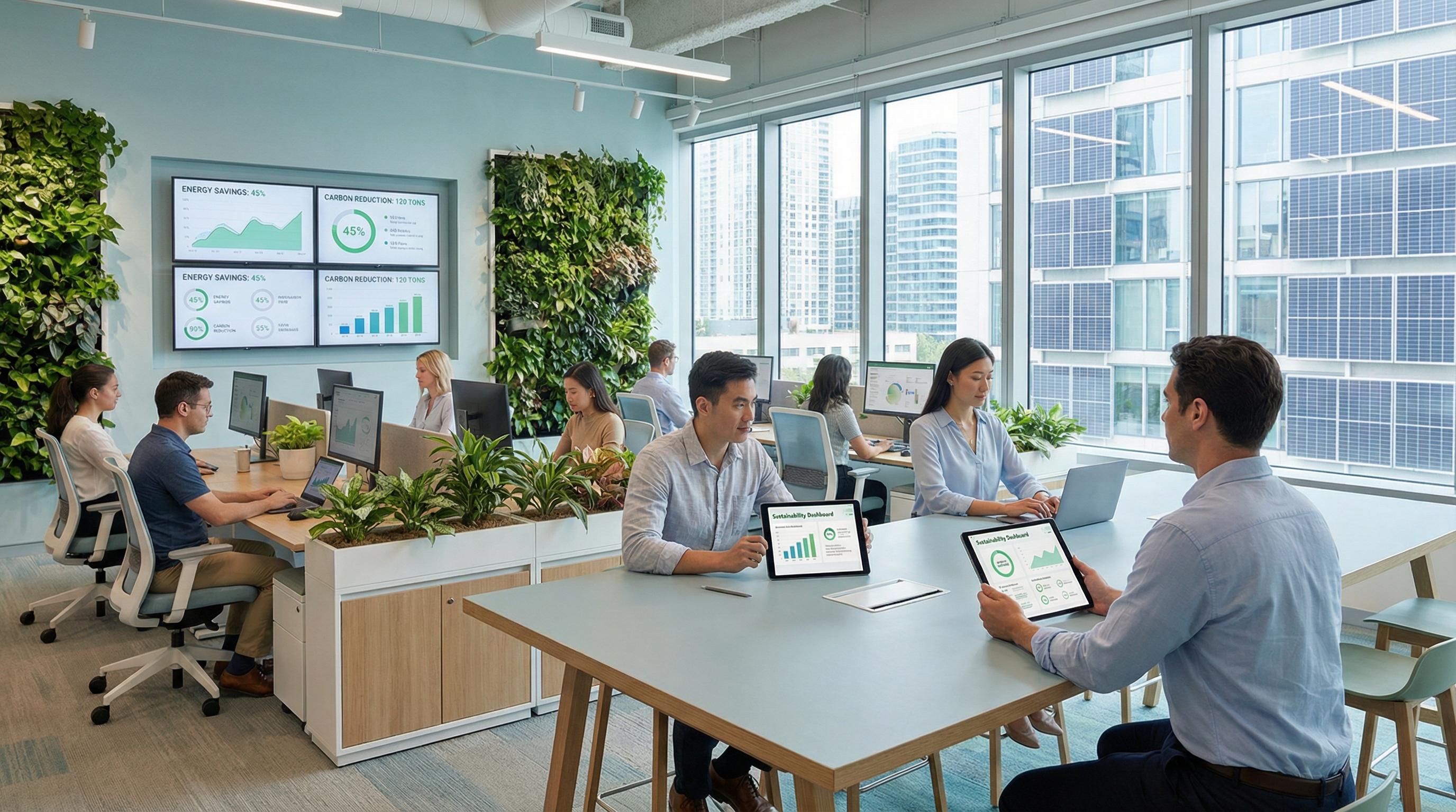 A modern, eco-friendly office with sustainability dashboards and green technology. A modern, eco-friendly office with sustainability dashboards and green technology.