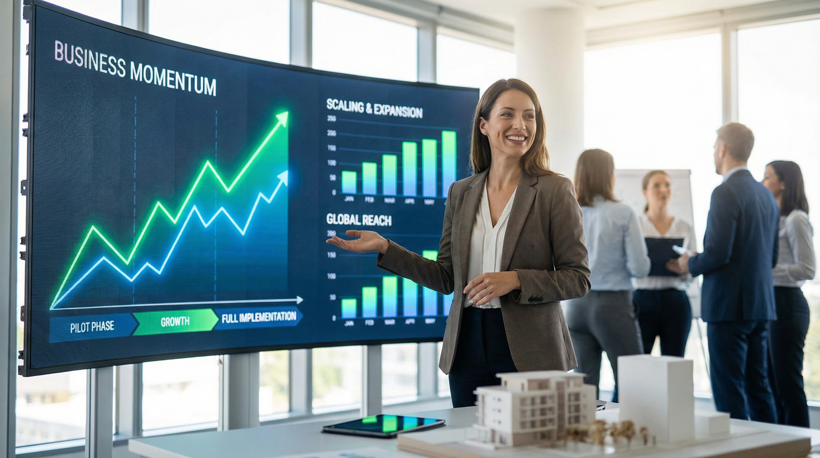 An entrepreneur presenting upward trending graphs and business growth charts. An entrepreneur presenting upward trending graphs and business growth charts.