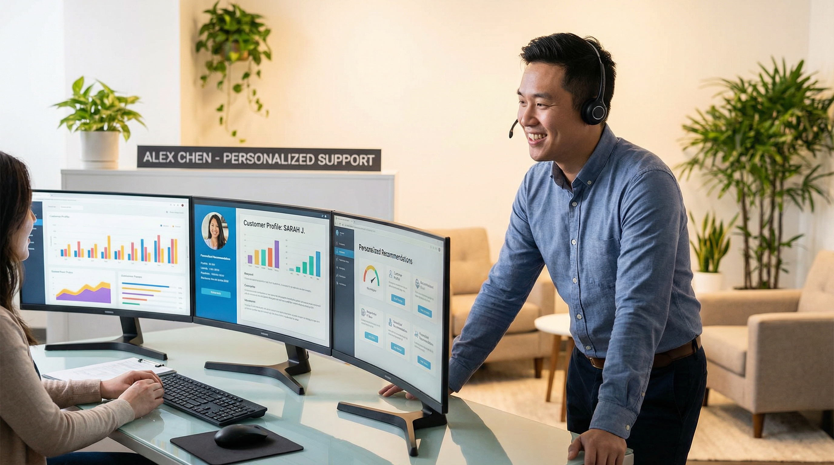 A customer service representative providing personalized support with detailed customer profiles. A customer service representative providing personalized support with detailed customer profiles.