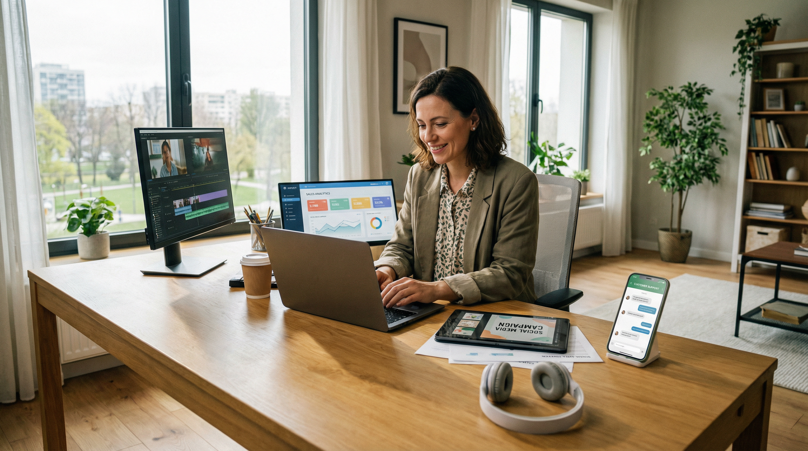 A successful solopreneur managing their entire business from a modern home office. A successful solopreneur managing their entire business from a modern home office.