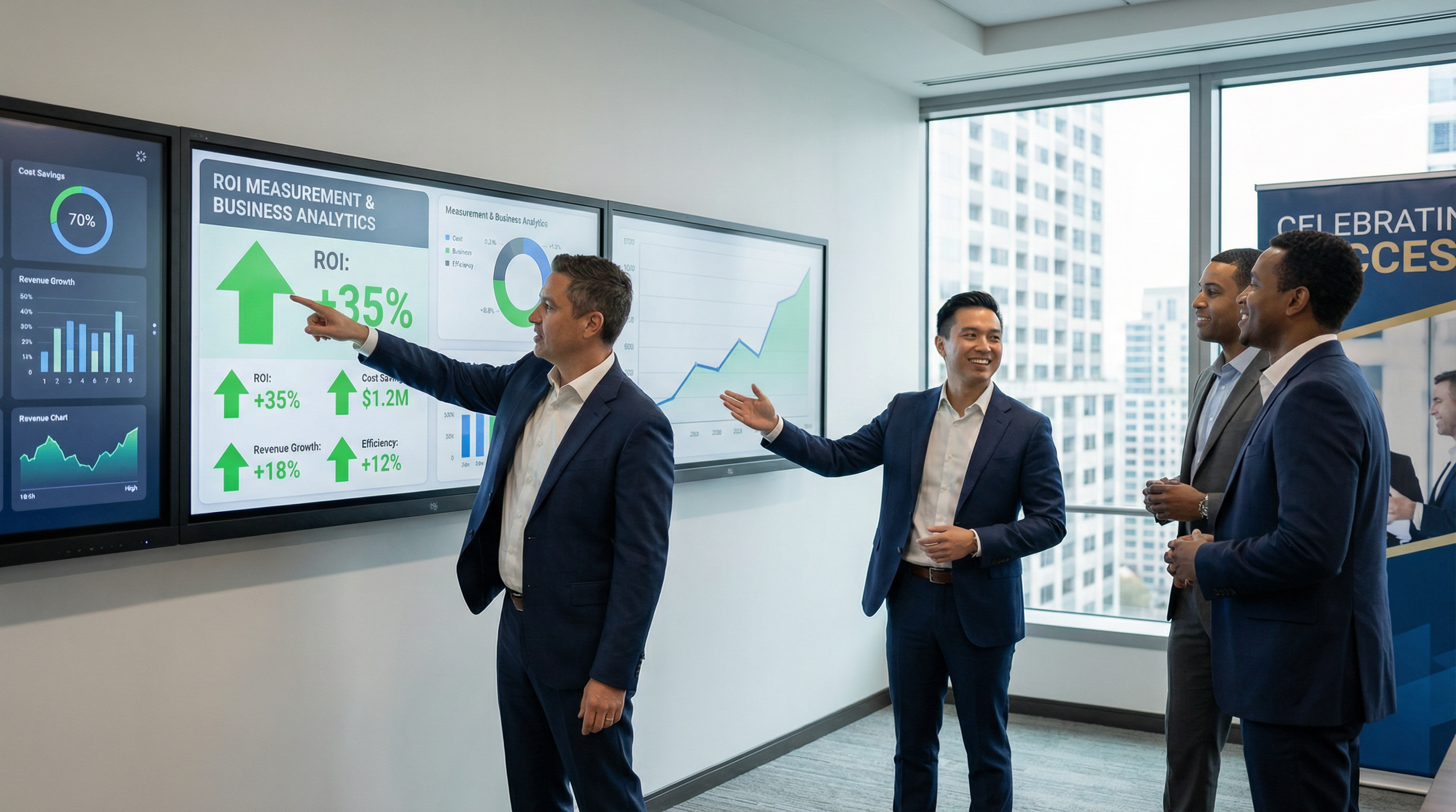 A business team celebrating impressive ROI metrics and growth on a large dashboard. A business team celebrating impressive ROI metrics and growth on a large dashboard.