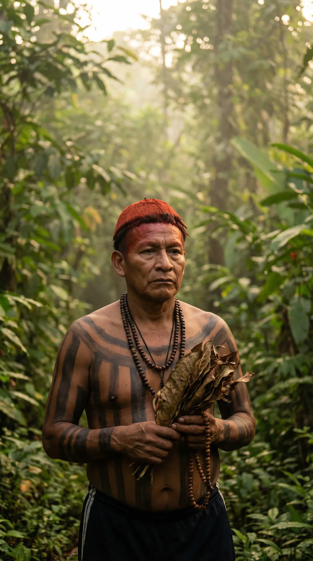Tsáchila shaman with traditional red achiote hair