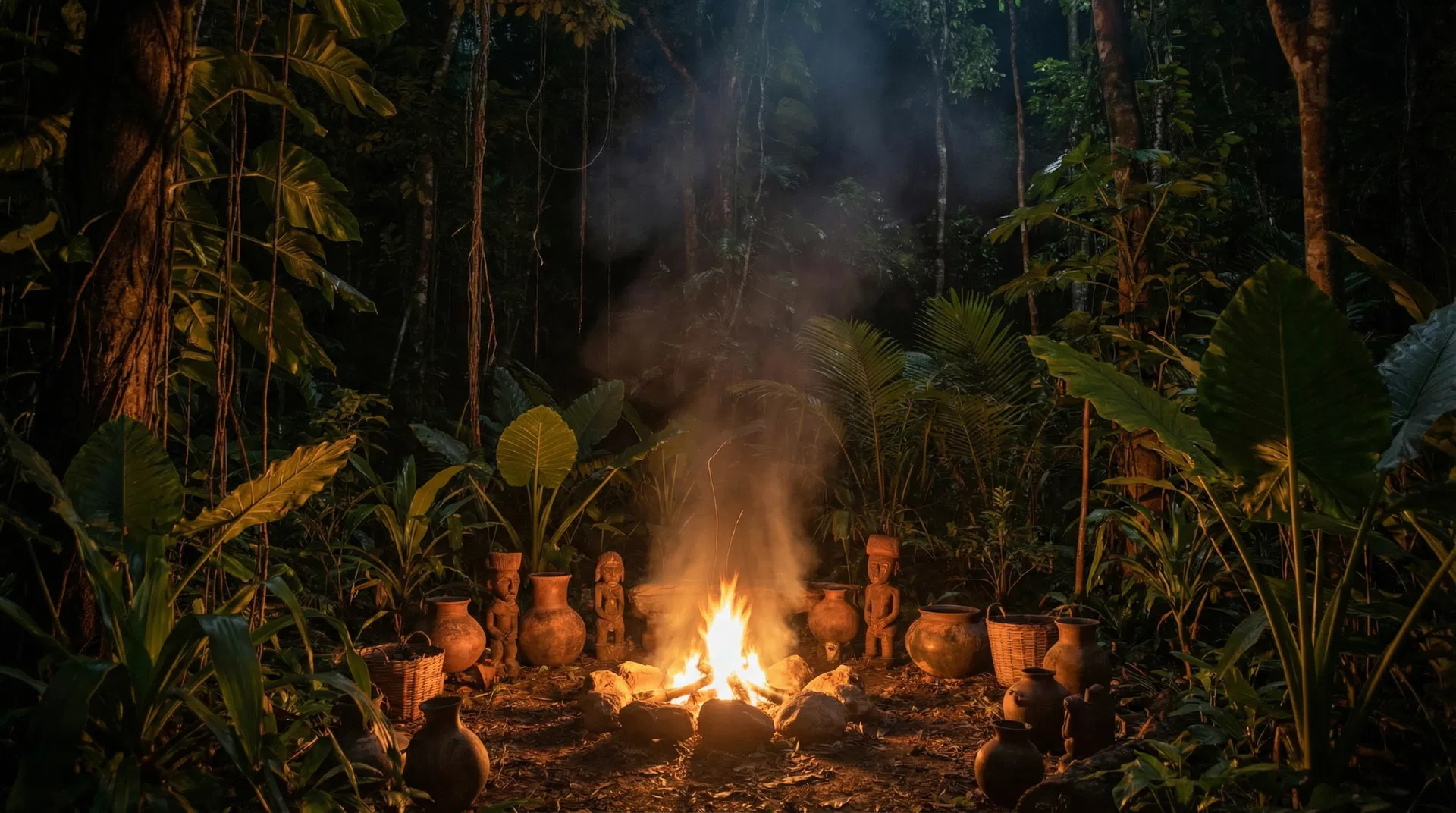Sacred ceremonial fire at night