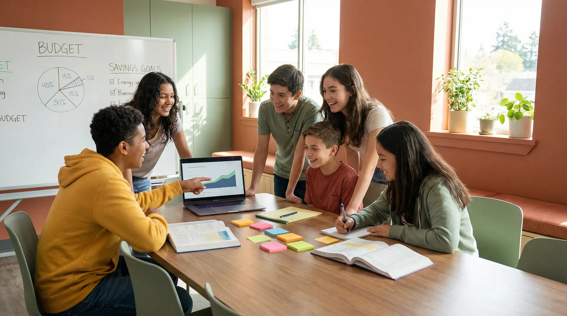 Diverse teens collaborating on financial literacy activities