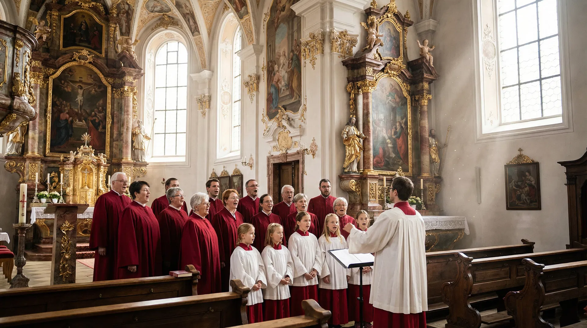 Kirchenchor in traditionellen Chorroben bei Gottesdienst in barocker Kirche mit goldenem Altar