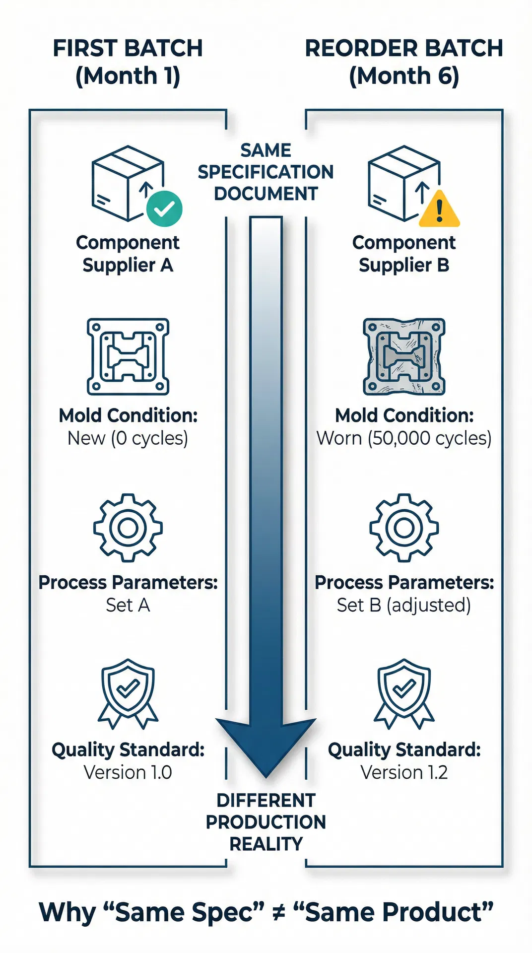 Diagram comparing first batch production environment (Component Supplier A, new mold, Process Parameters Set A, Quality Standard v1.0) versus reorder batch environment (Component Supplier B, worn mold, Process Parameters Set B, Quality Standard v1.2) with central text: Same Specification Document, Different Production Reality