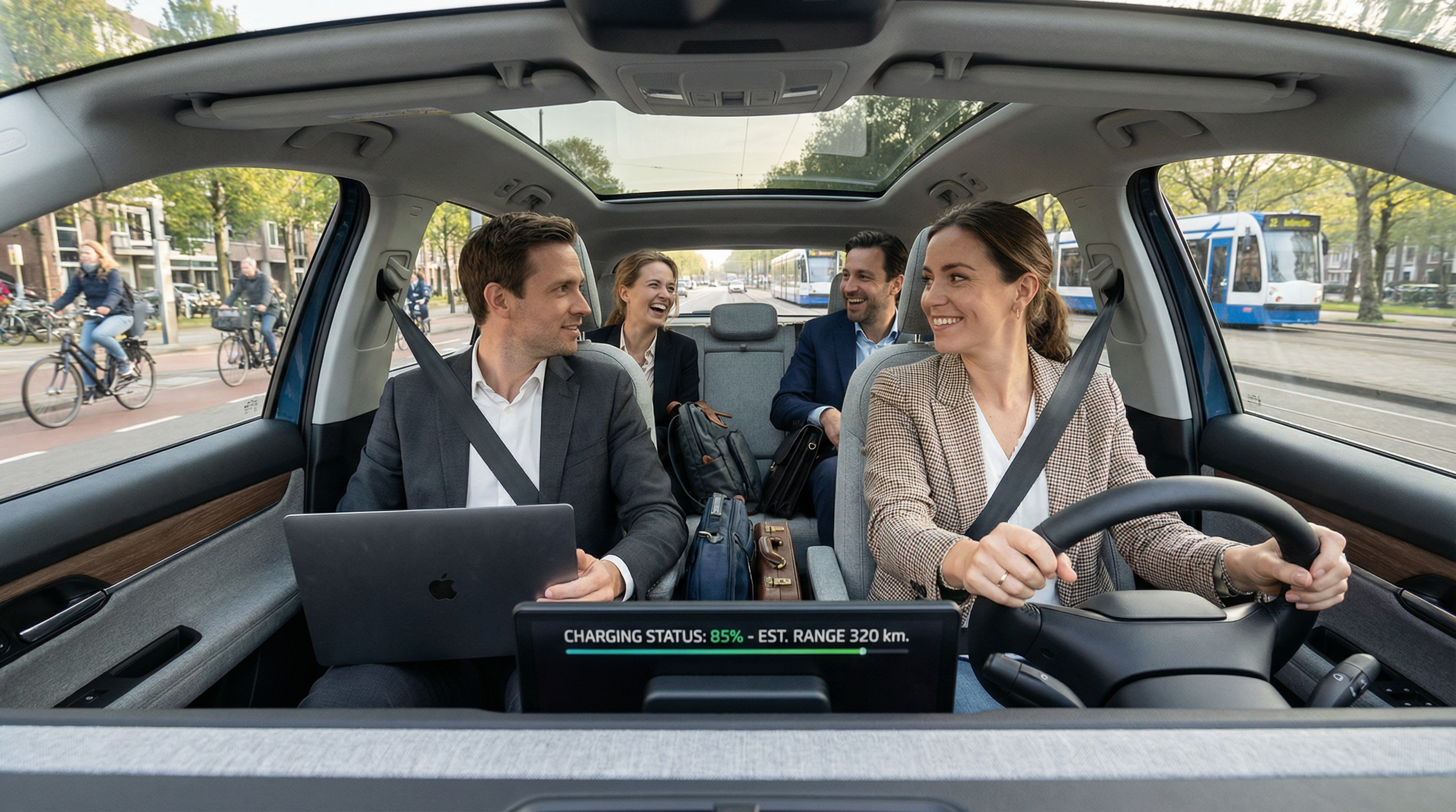 Collègues en covoiturage dans un véhicule électrique