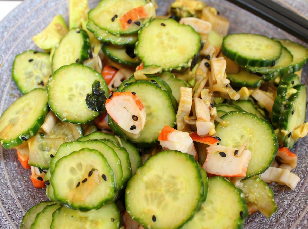 Close up of California Roll Cucumber Salad