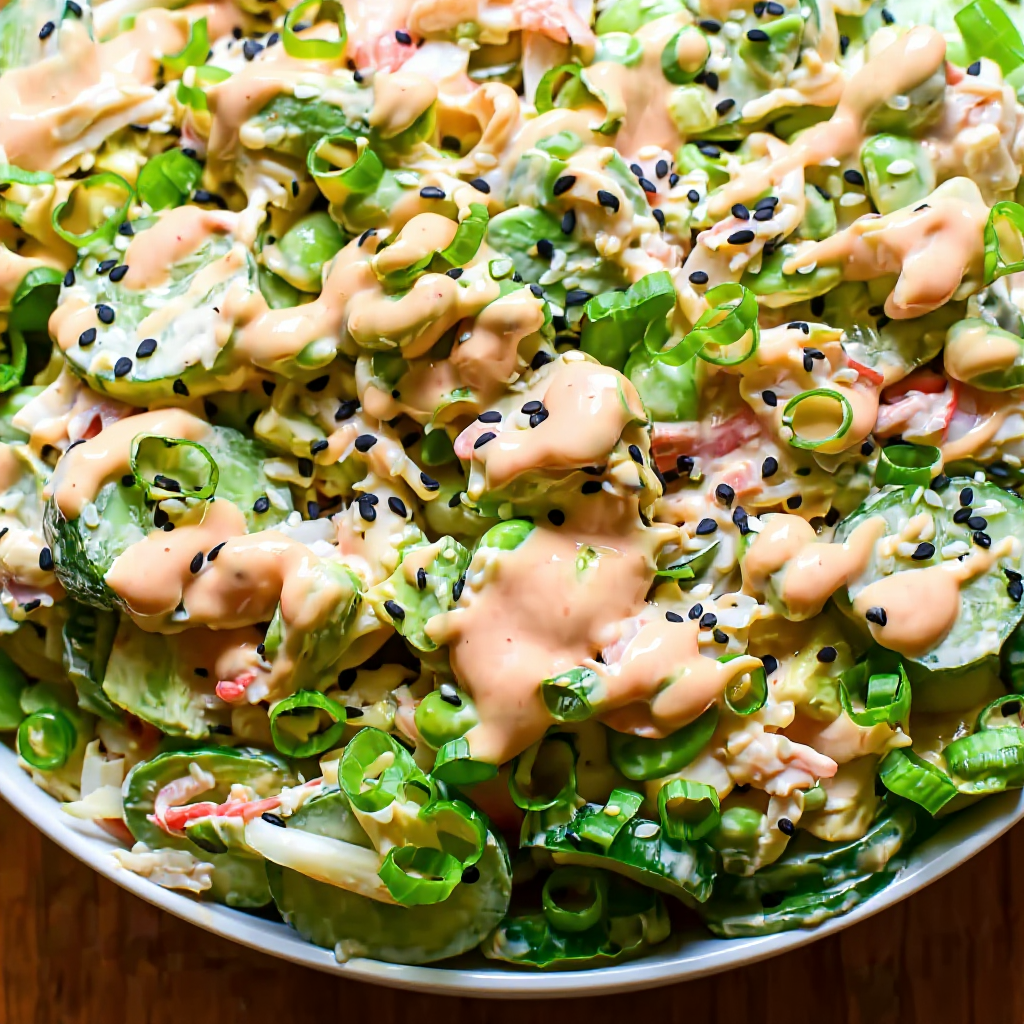Overhead view of California Roll Cucumber Salad