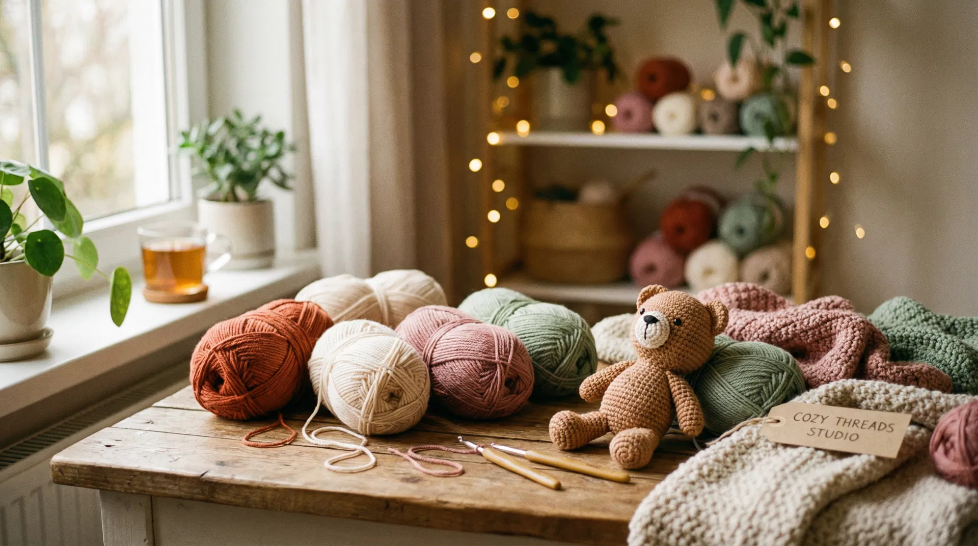 Workspace artigianale con gomitoli di lana colorati