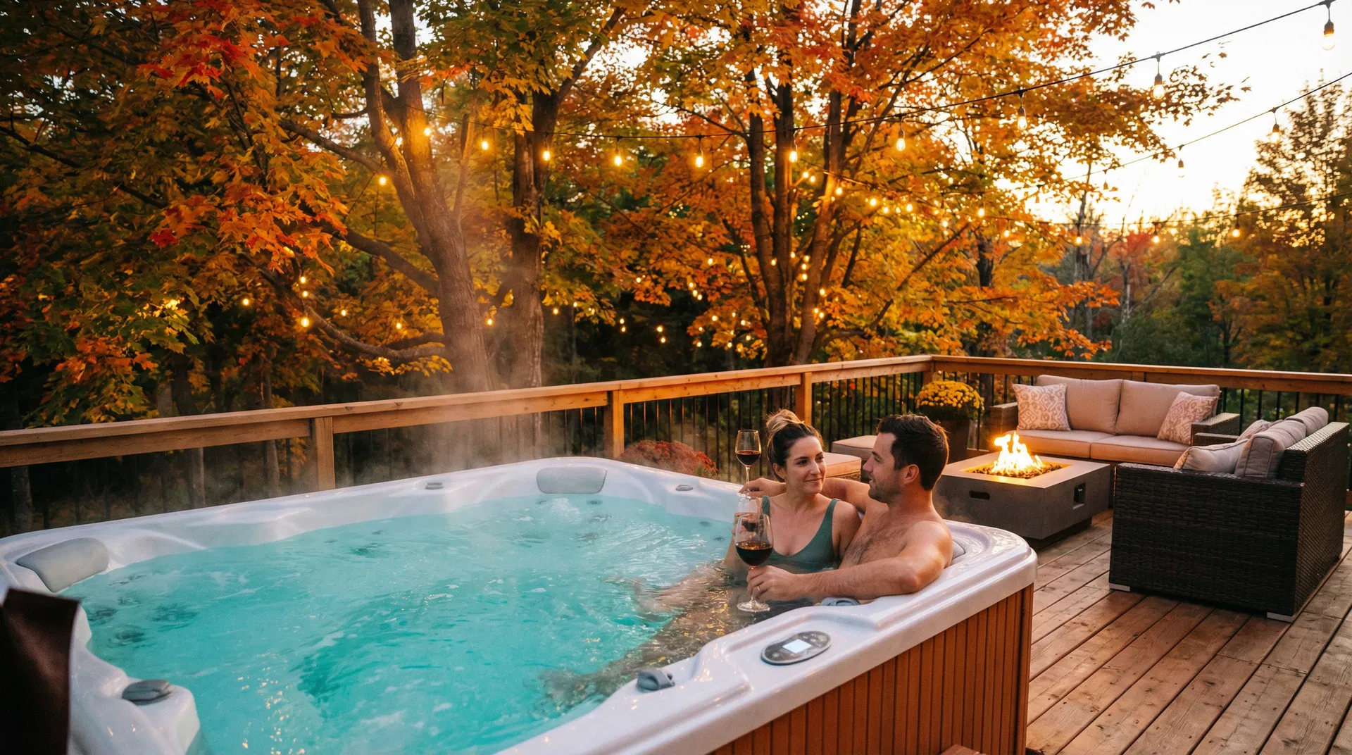 Spa sur terrasse en bois avec feuillage d'automne