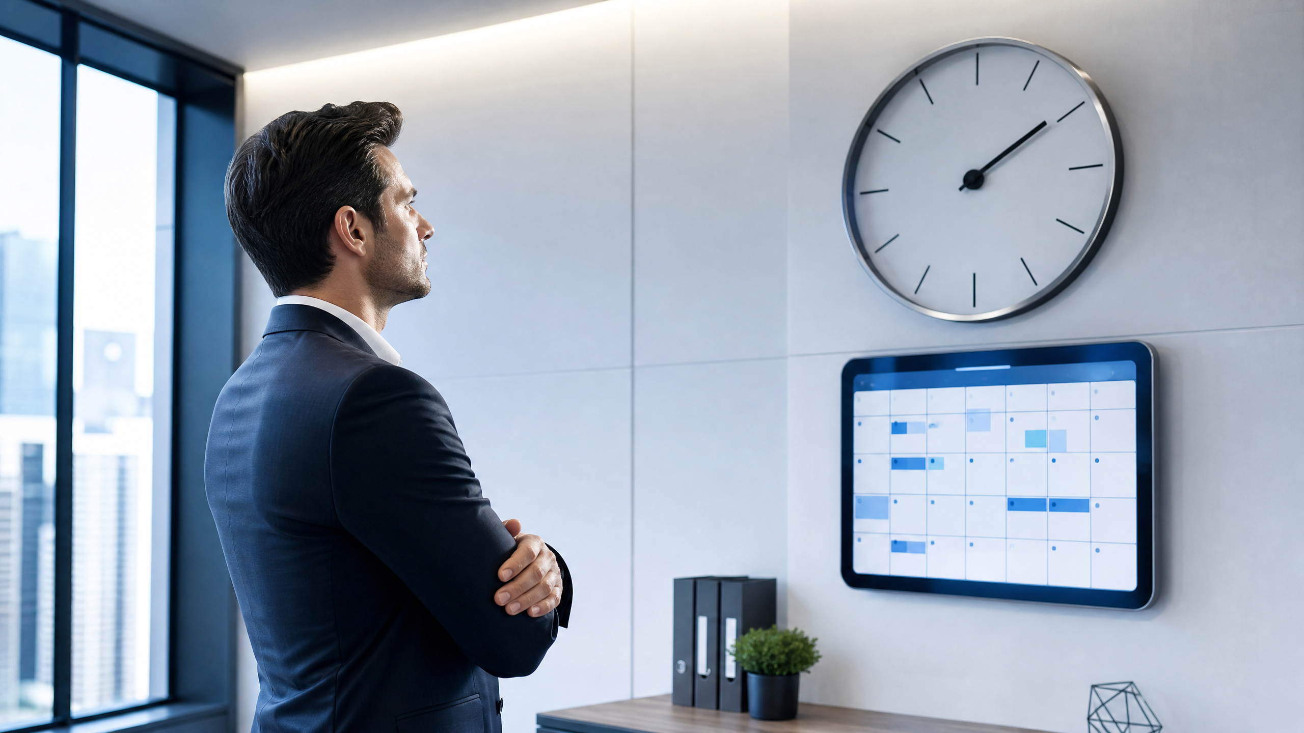 Seorang profesional melihat jam dinding dan kalender digital