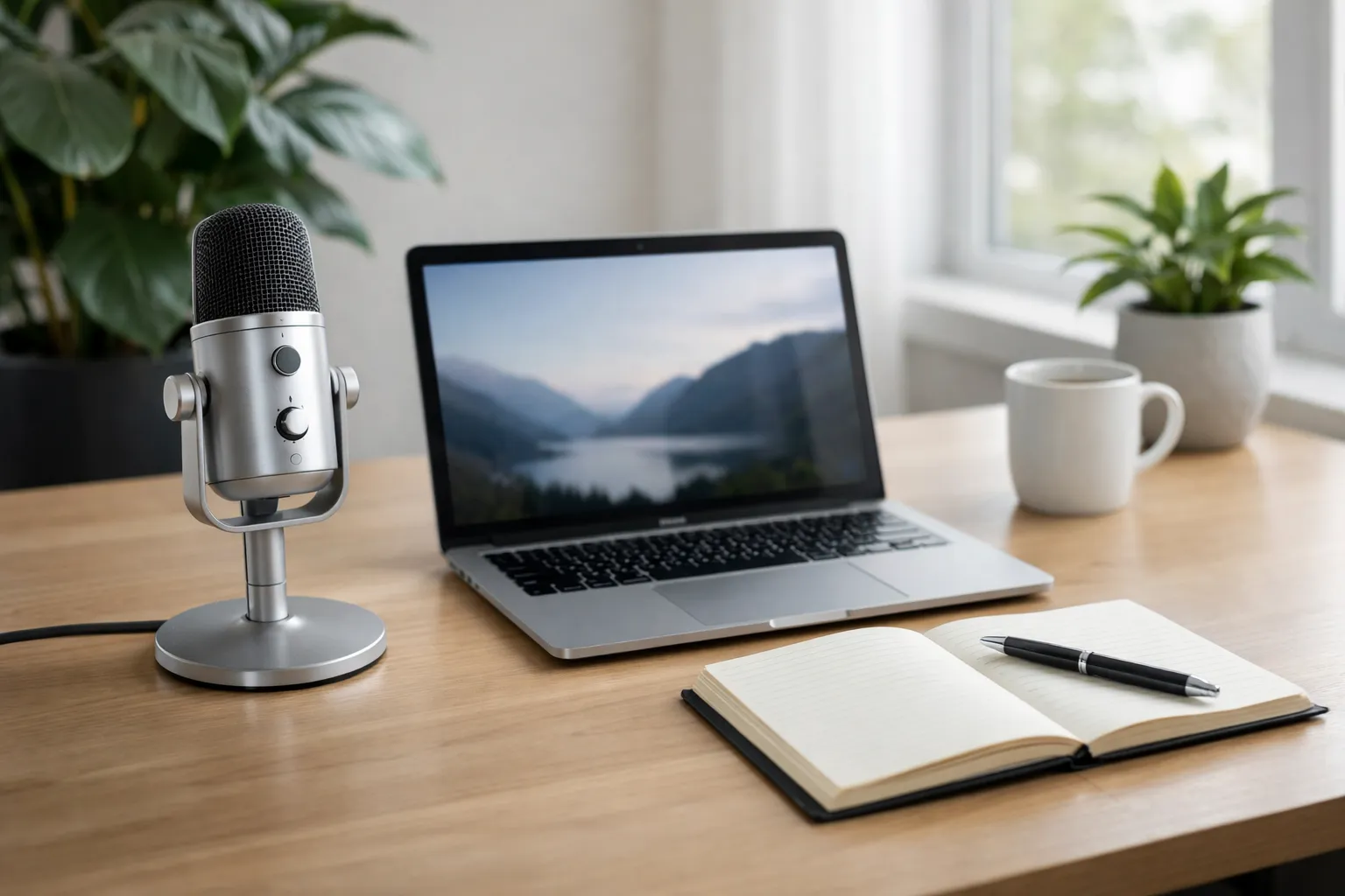 Setup de Escritório Moderno com Microfone de Mesa Minimalista