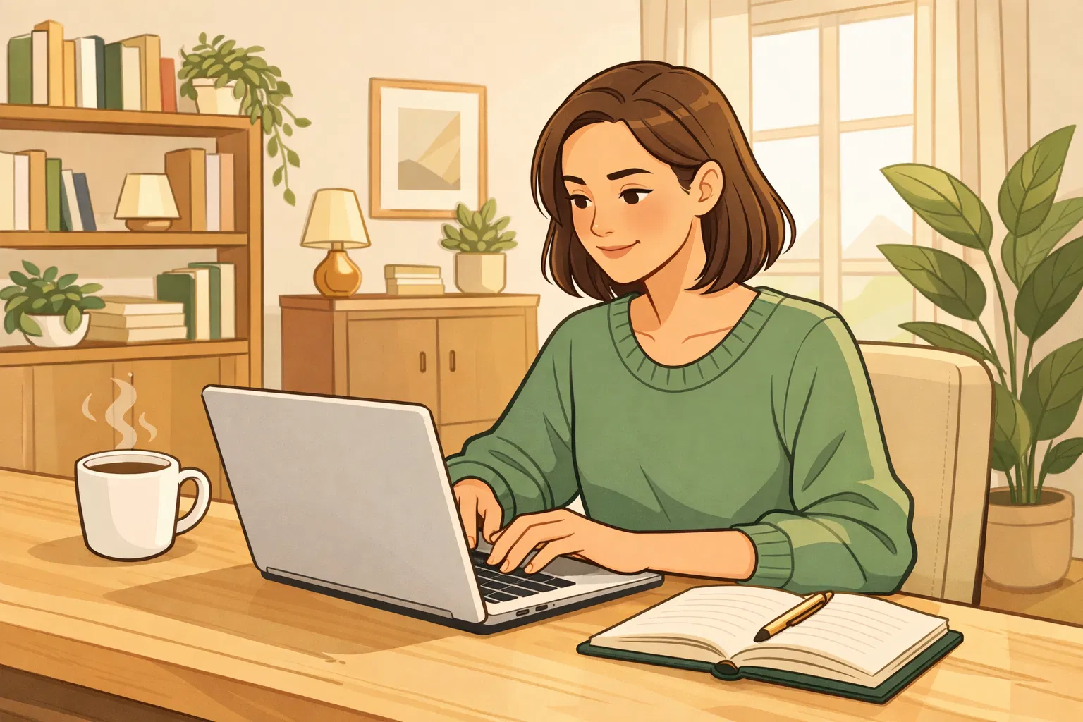 Person learning online in comfortable home environment