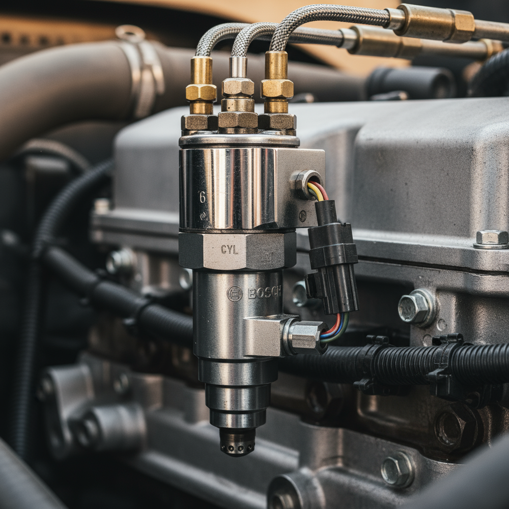 Close-up of a diesel fuel injector for cylinder 6