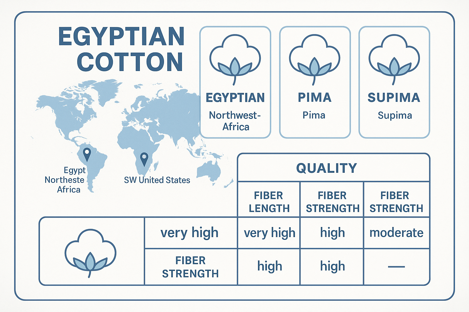 Premium cotton types comparison showing Egyptian, Pima, and Supima cotton