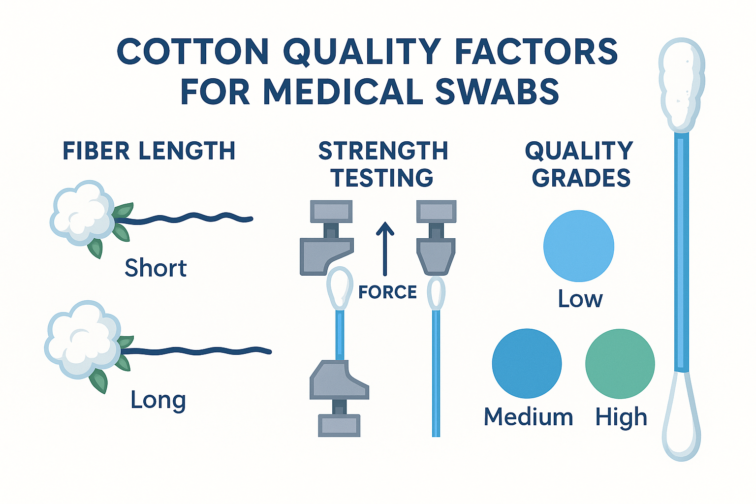 Cotton quality factors for medical swabs showing fiber length, strength testing, and quality grades
