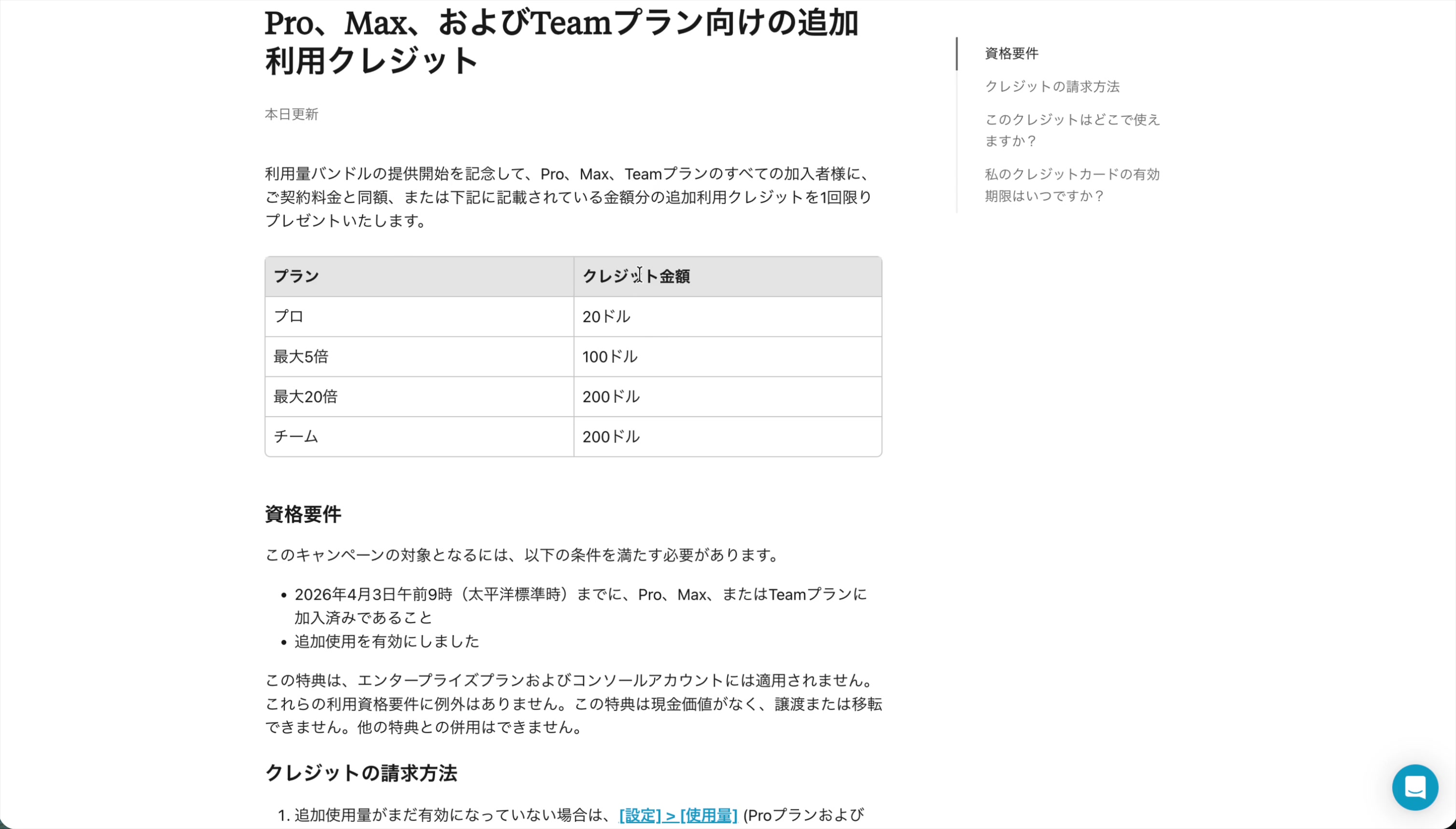 クレジット金額の公式案内ページ