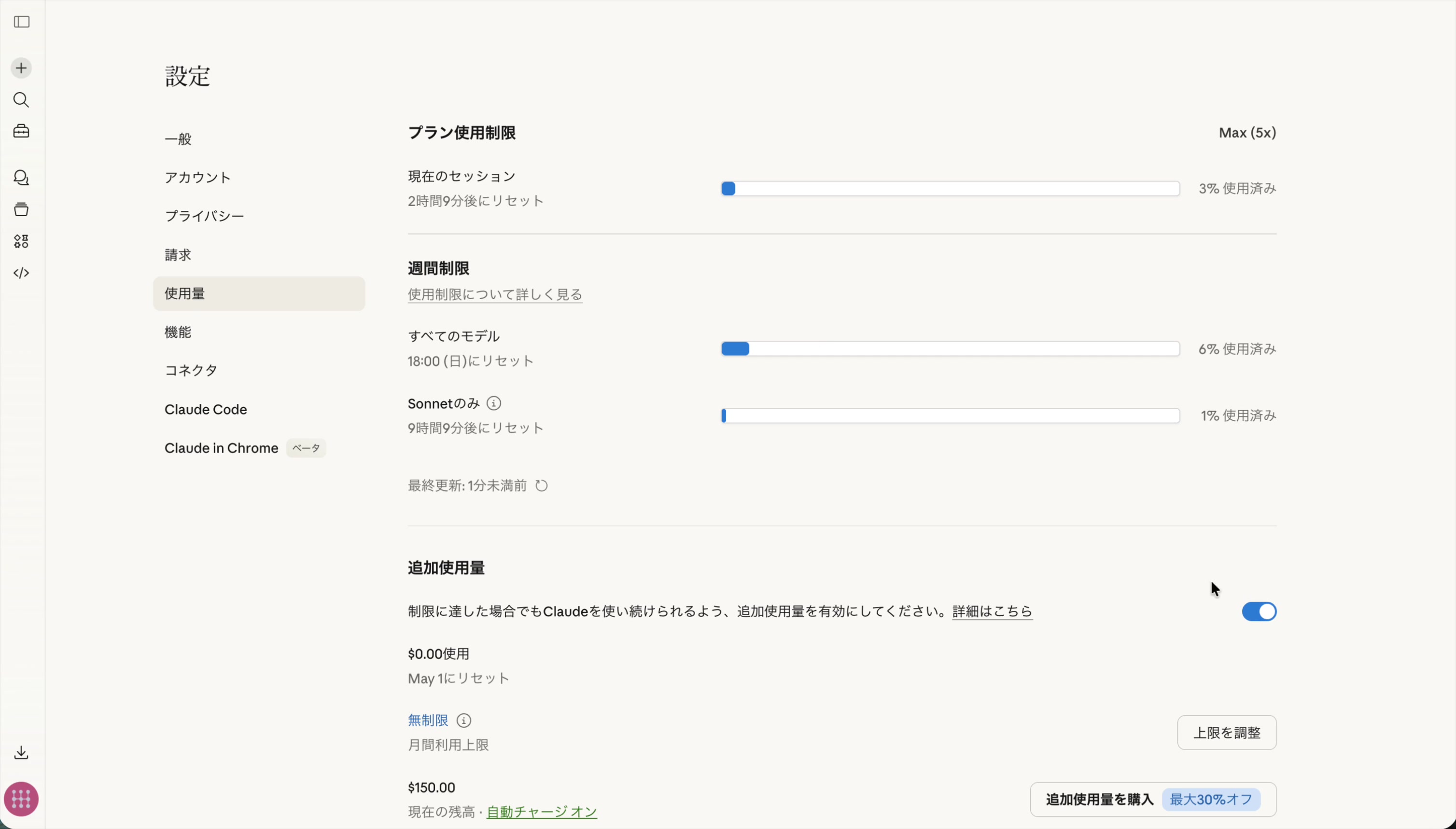 追加使用量の詳細画面