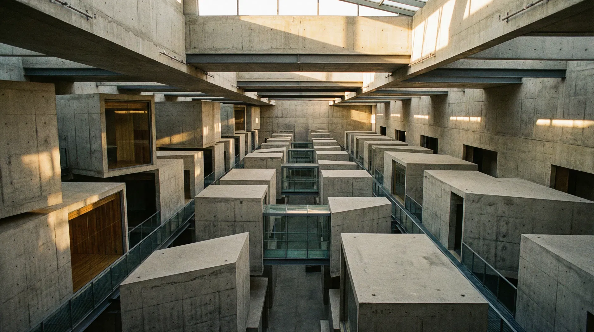 A vast modular concrete complex - each block distinct but designed to connect
