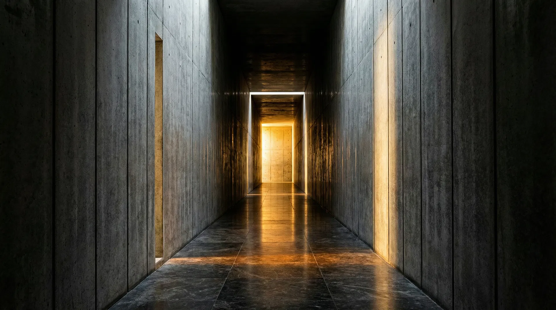 A long concrete corridor stretching toward a distant horizon of warm light - the boundary of consent