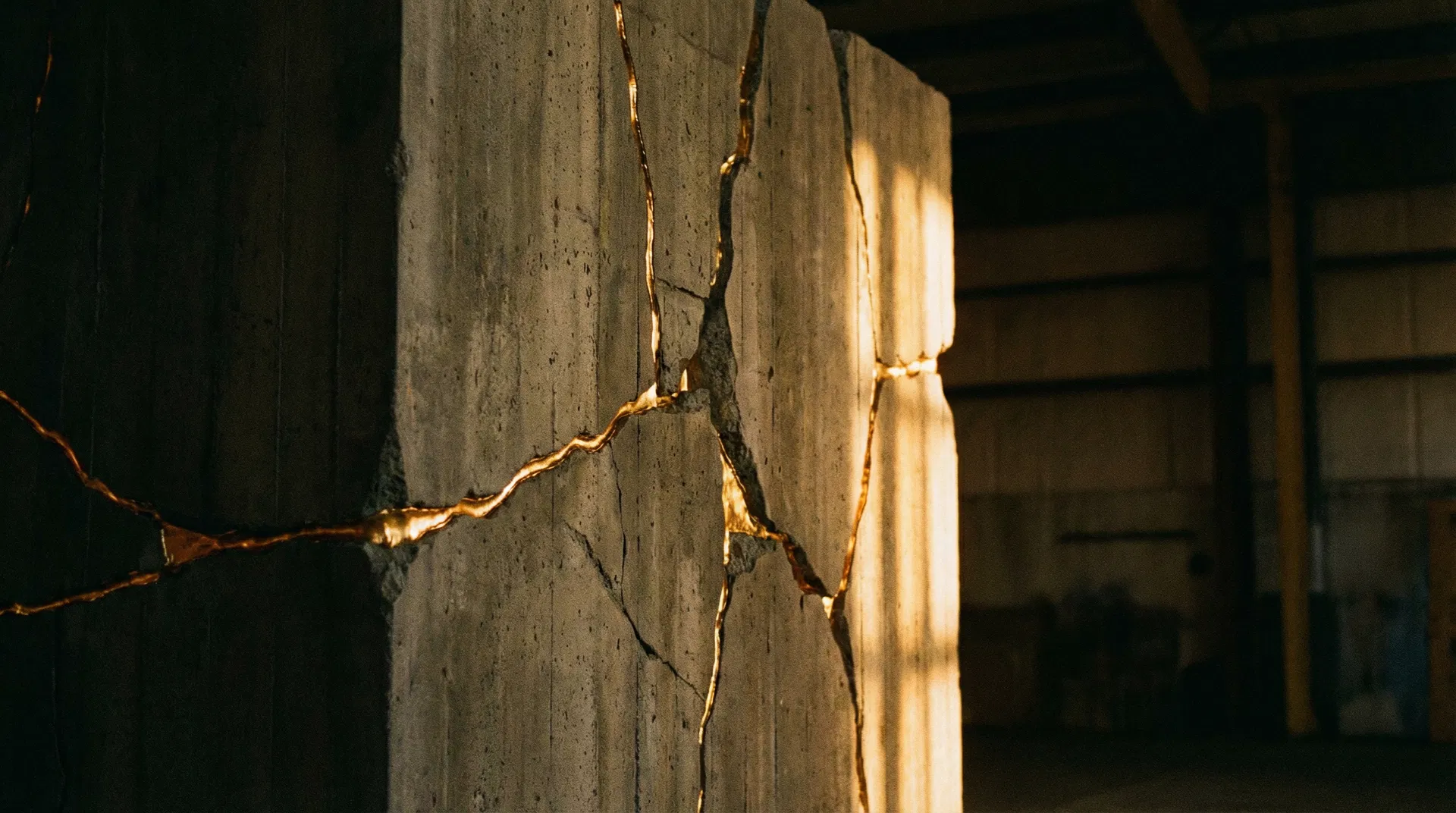 Brutalist concrete wall with golden kintsugi repair lines - trust made stronger through recovery