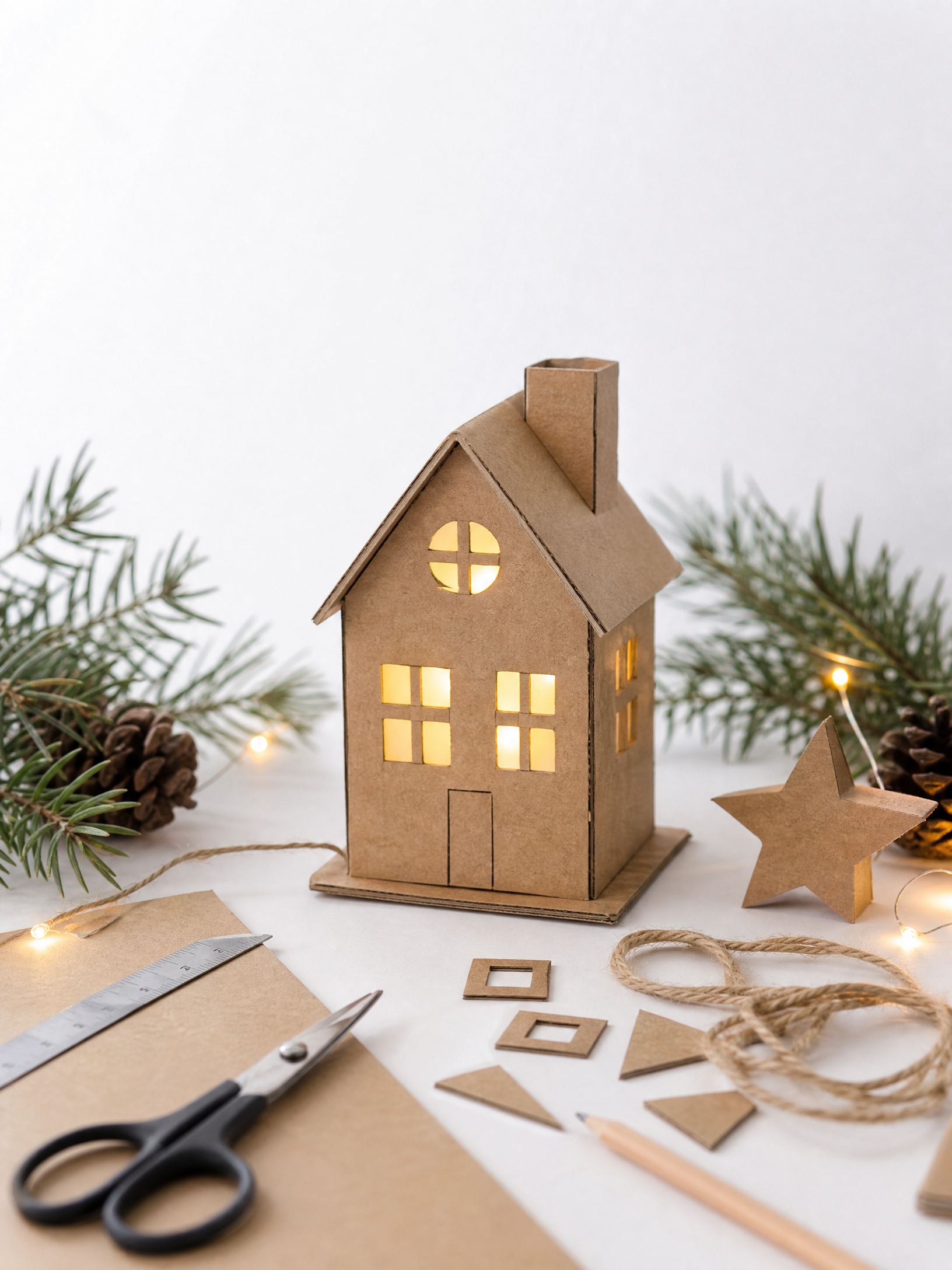 Casinha de Natal feita de papelão em fundo branco