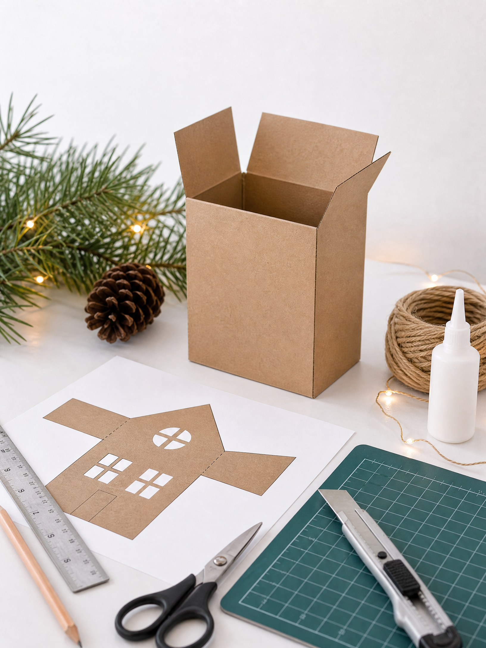 Papelão limpo, molde, régua e ferramentas sobre fundo branco