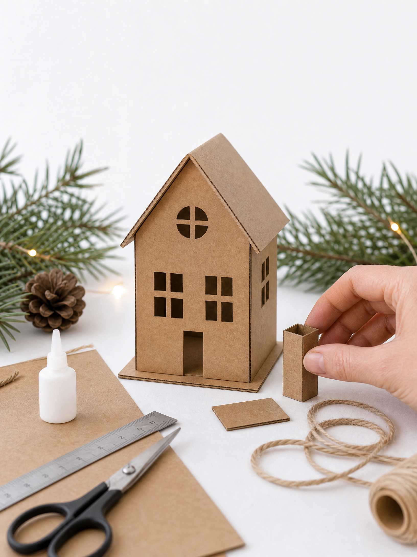 Casinha de papelão com base e chaminé