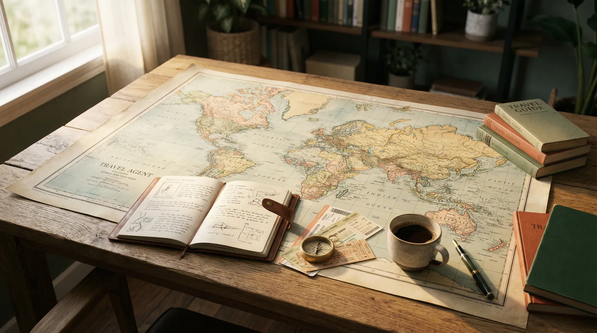 Travel agent workspace with world map and planning materials