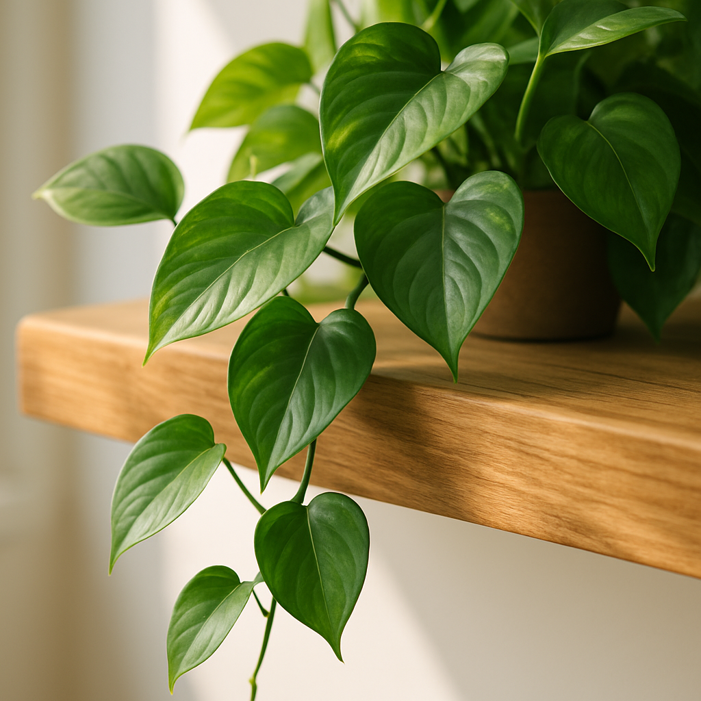 Close-up of a vibrant Pothos plant trailing down a natural wood shelf.