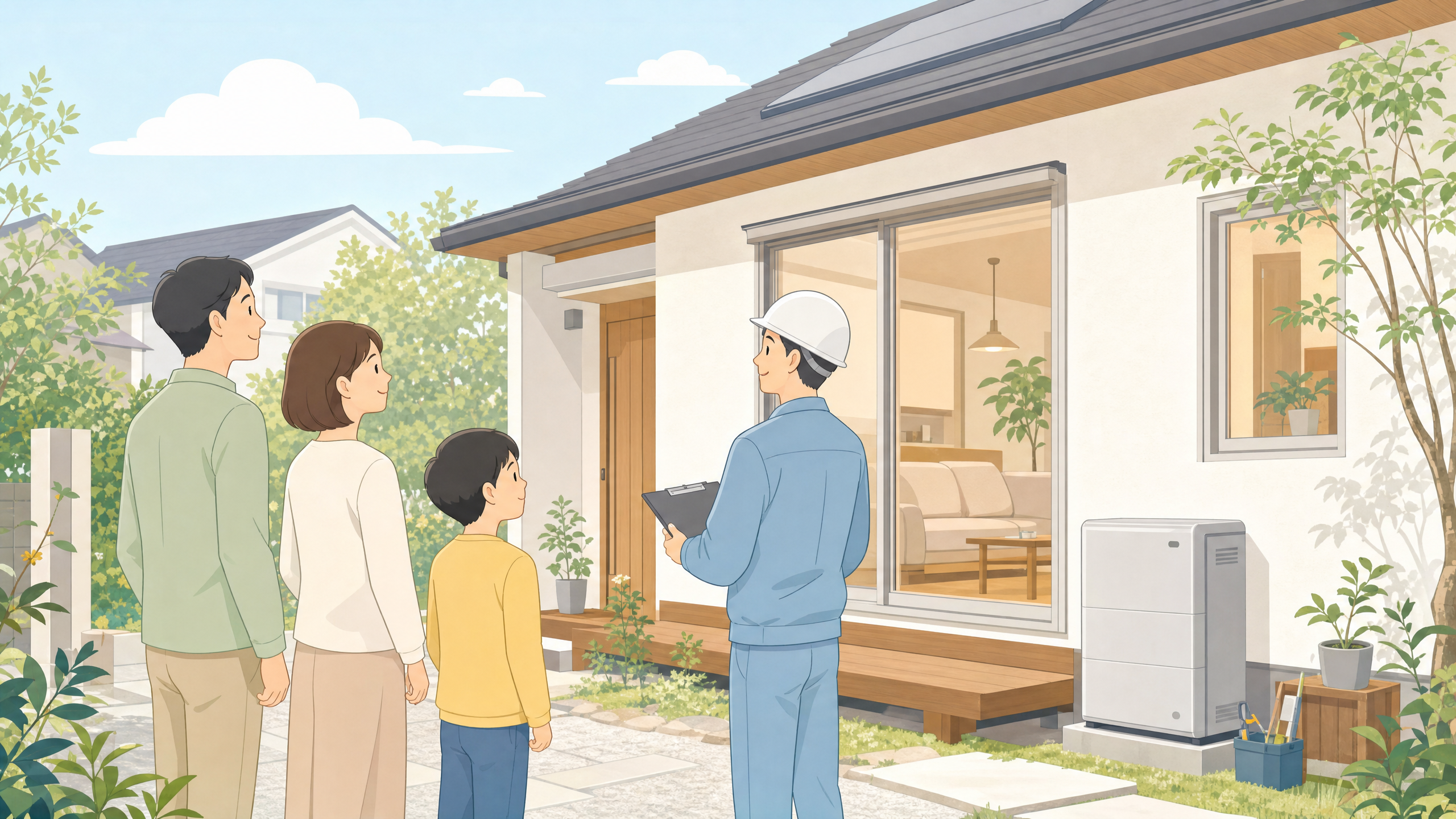 既存住宅のエコリフォーム相談を表すシンプルなイラスト