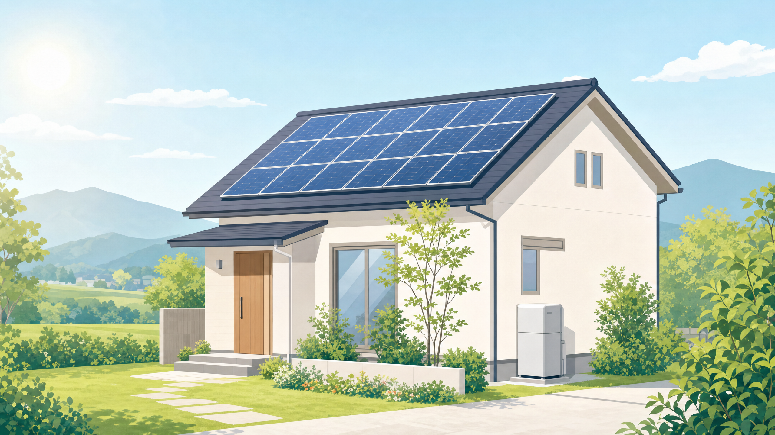 太陽光発電と蓄電池を備えた住宅のシンプルなイラスト