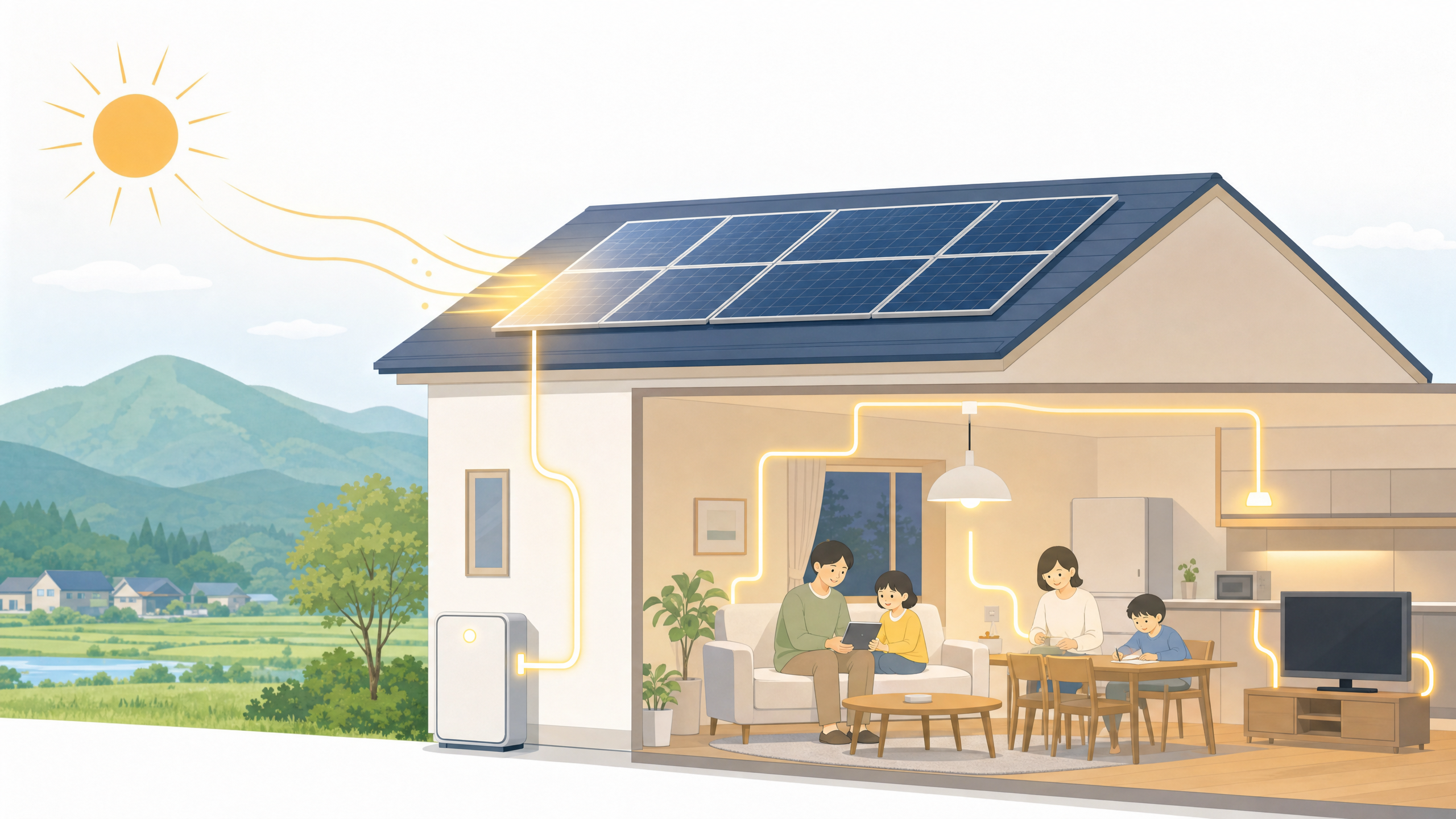 太陽光でつくった電気を家庭内で使う様子のシンプルなイラスト