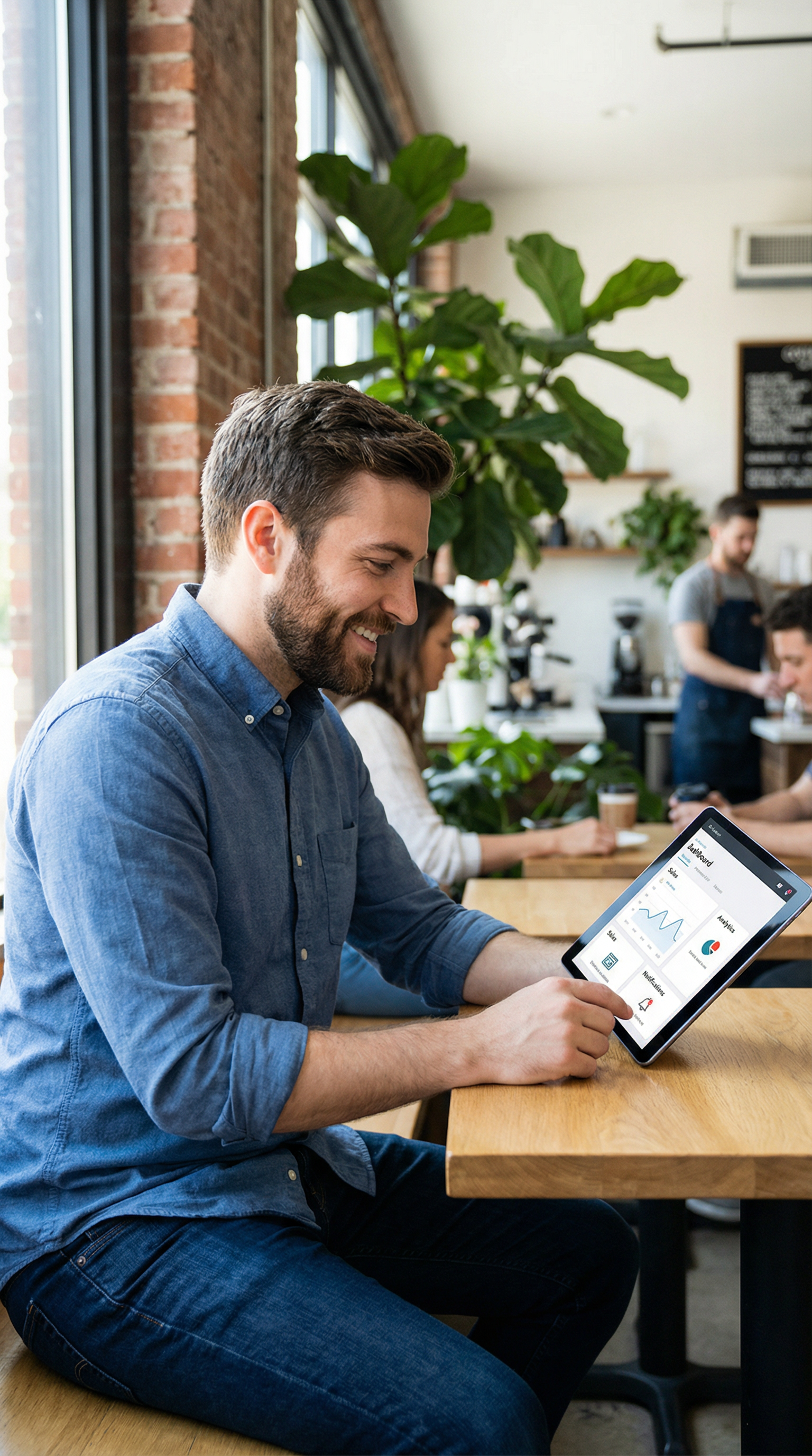 A business owner reviewing AI-powered analytics on a tablet in a coffee shop. A business owner reviewing AI-powered analytics on a tablet in a coffee shop.