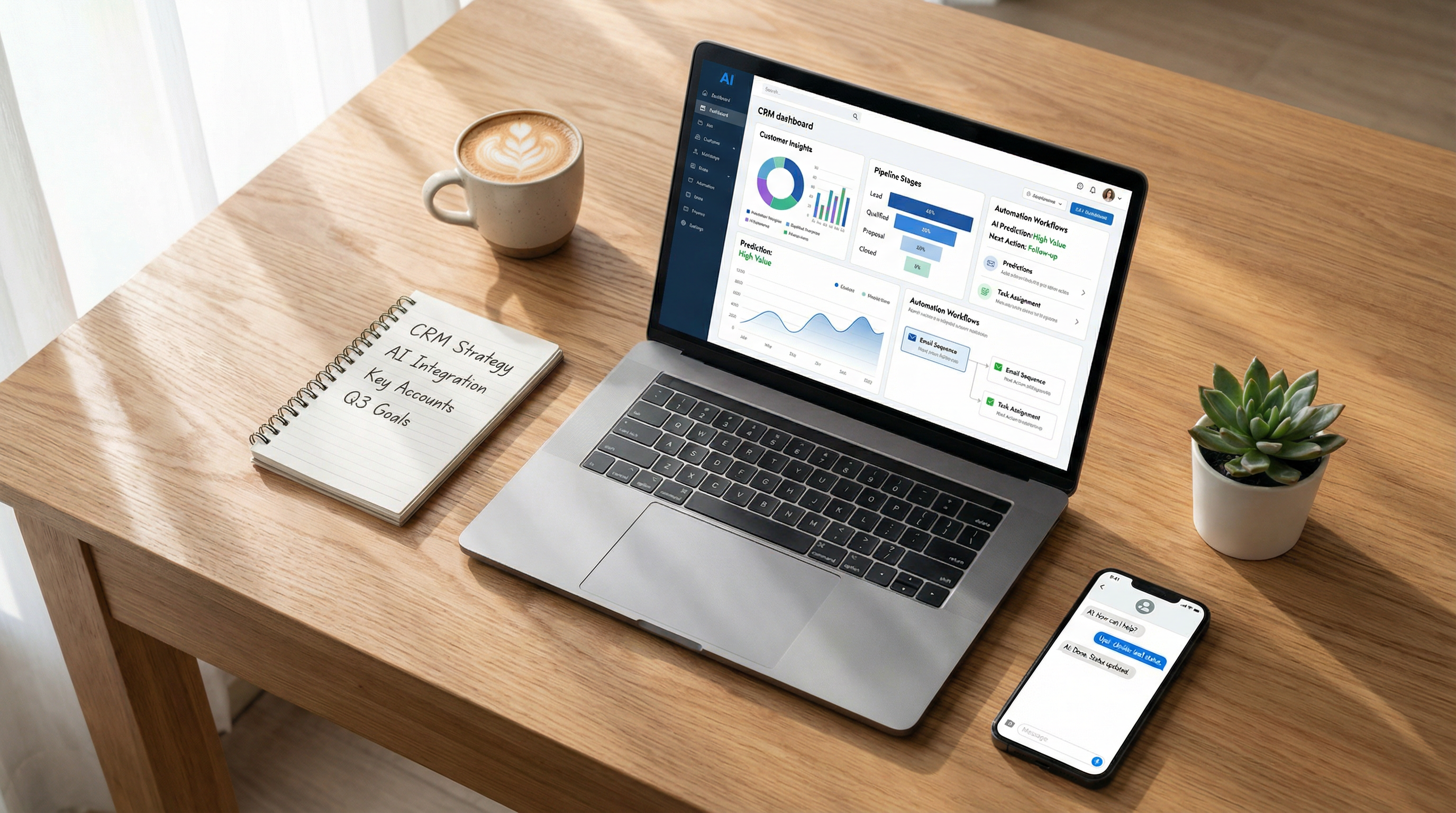 An overhead view of a modern workspace with a laptop displaying an AI-powered CRM dashboard. An overhead view of a modern workspace with a laptop displaying an AI-powered CRM dashboard.